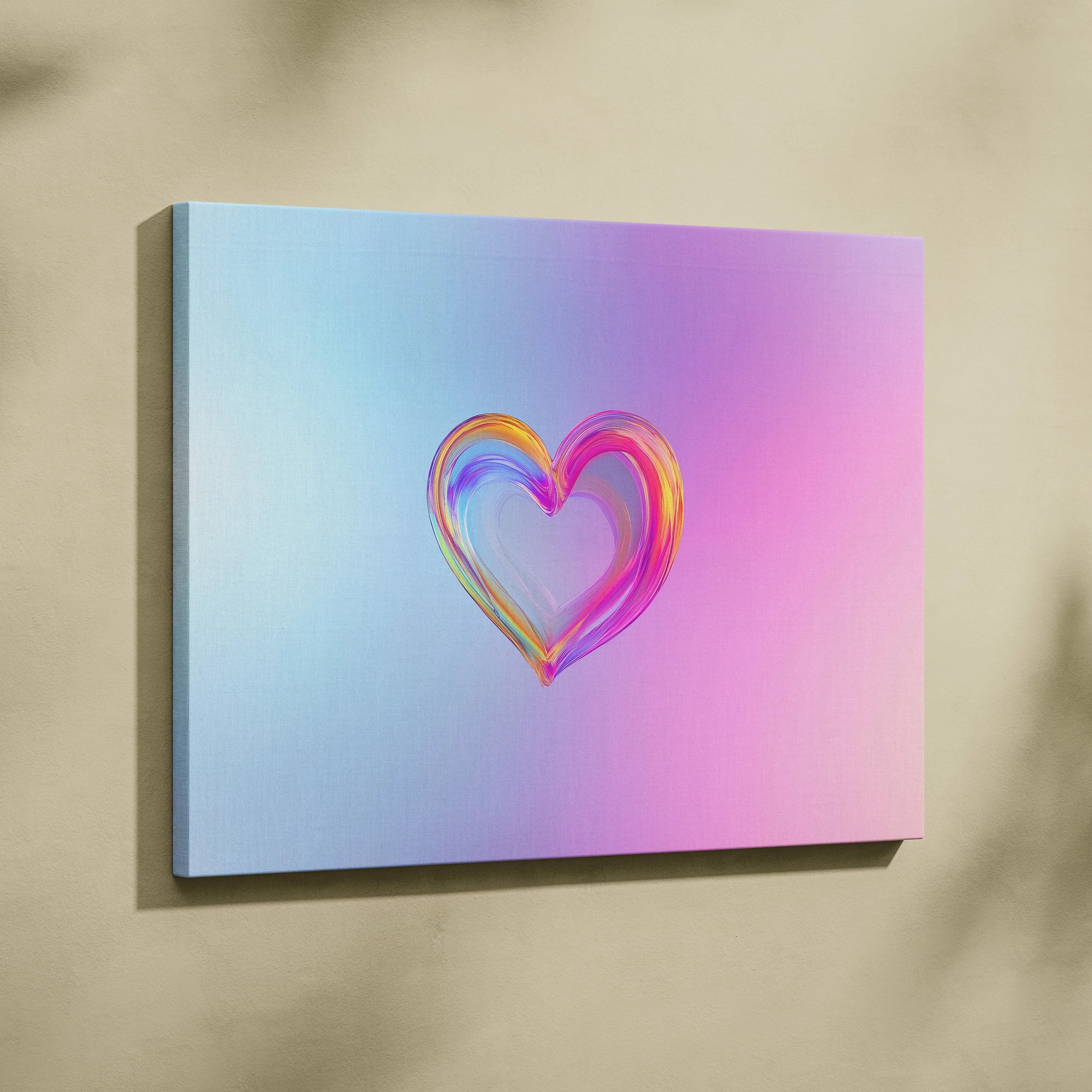 Canvas art featuring a colorful abstract heart shape on a gradient pastel blue and pink background.