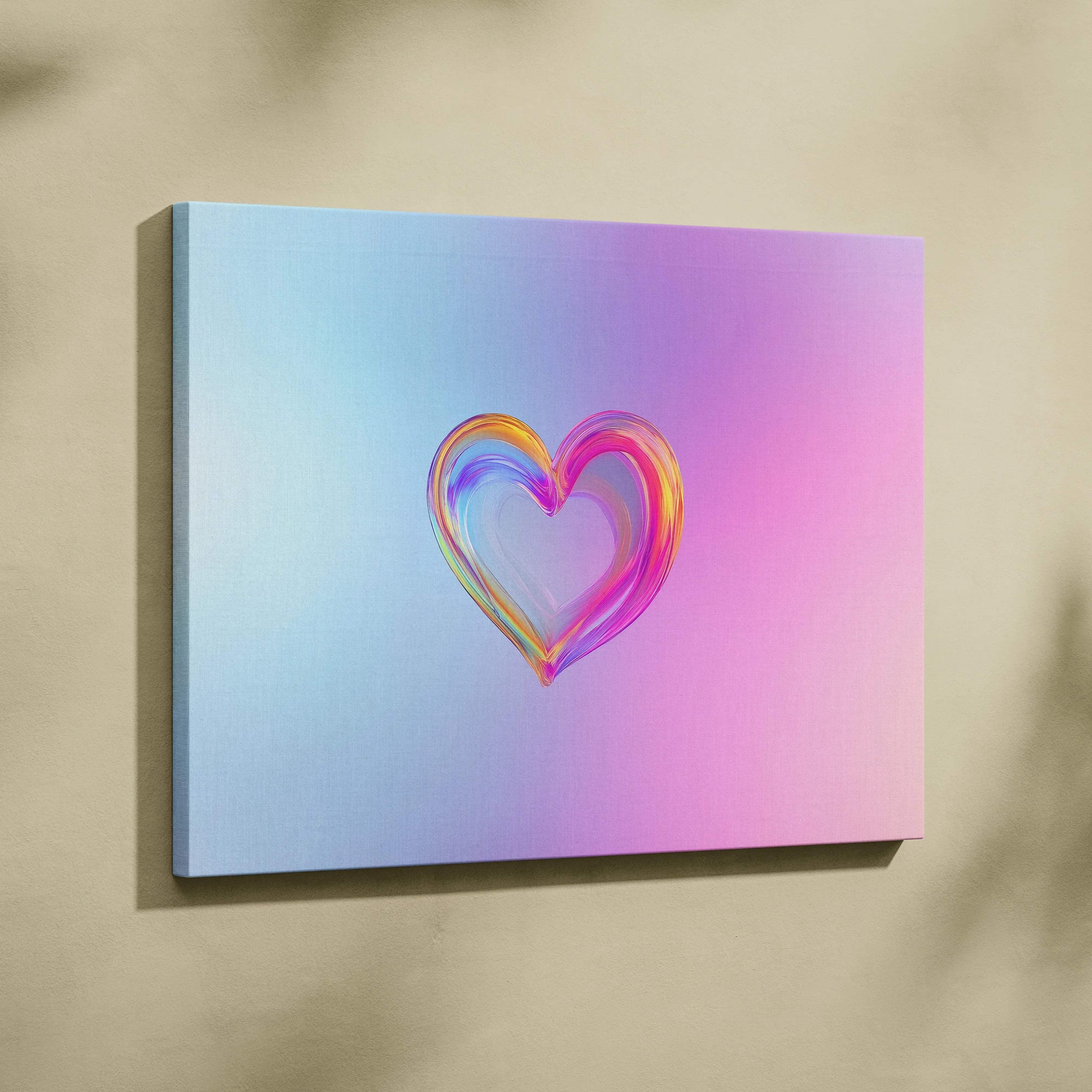 A vibrant iridescent heart-shaped canvas print with a colorful gradient background from blue to pink
