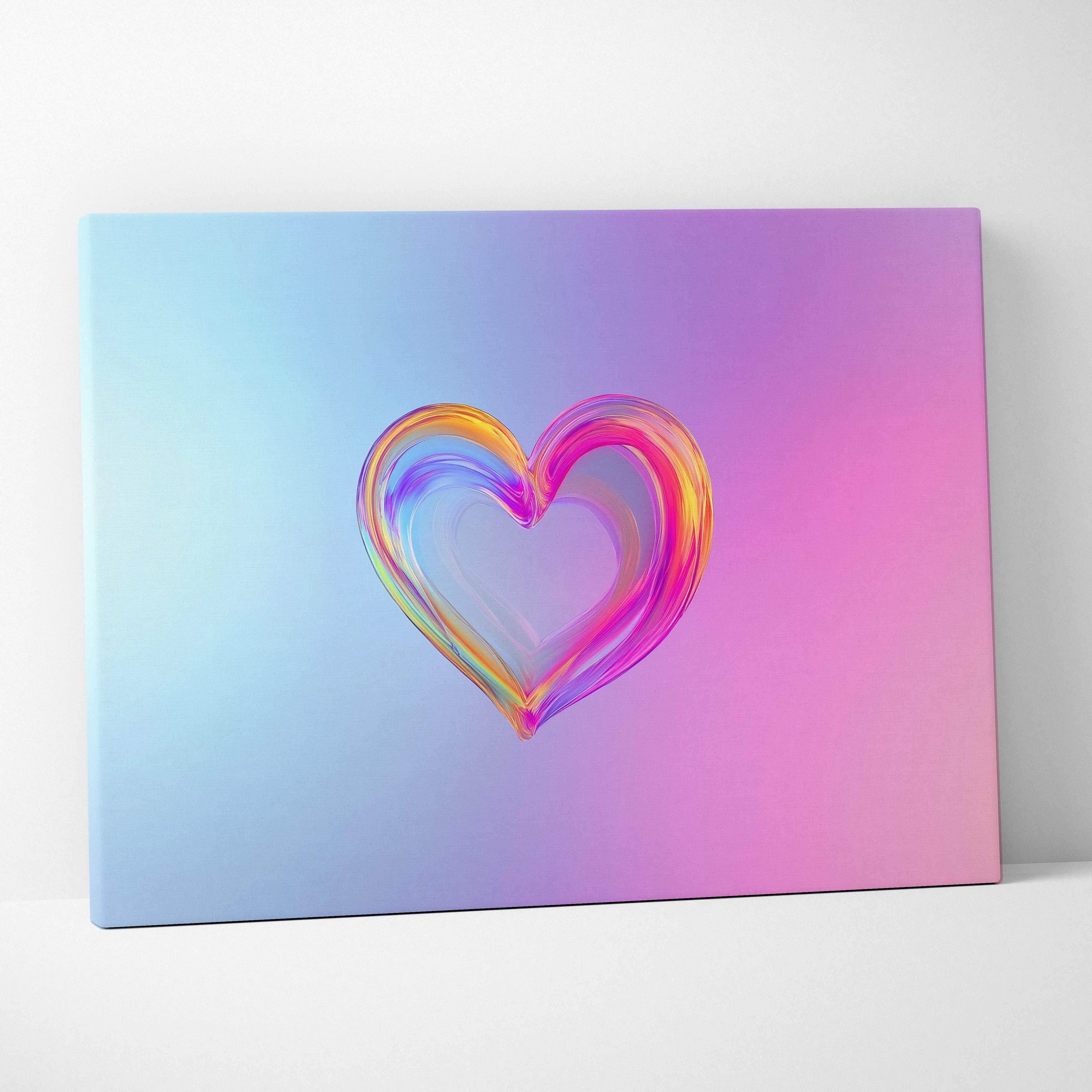 A vibrant iridescent heart-shaped canvas print with a colorful gradient background from blue to pink