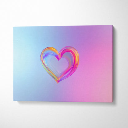 Modern abstract heart design in vibrant rainbow colors on pastel blue and pink canvas wall art.