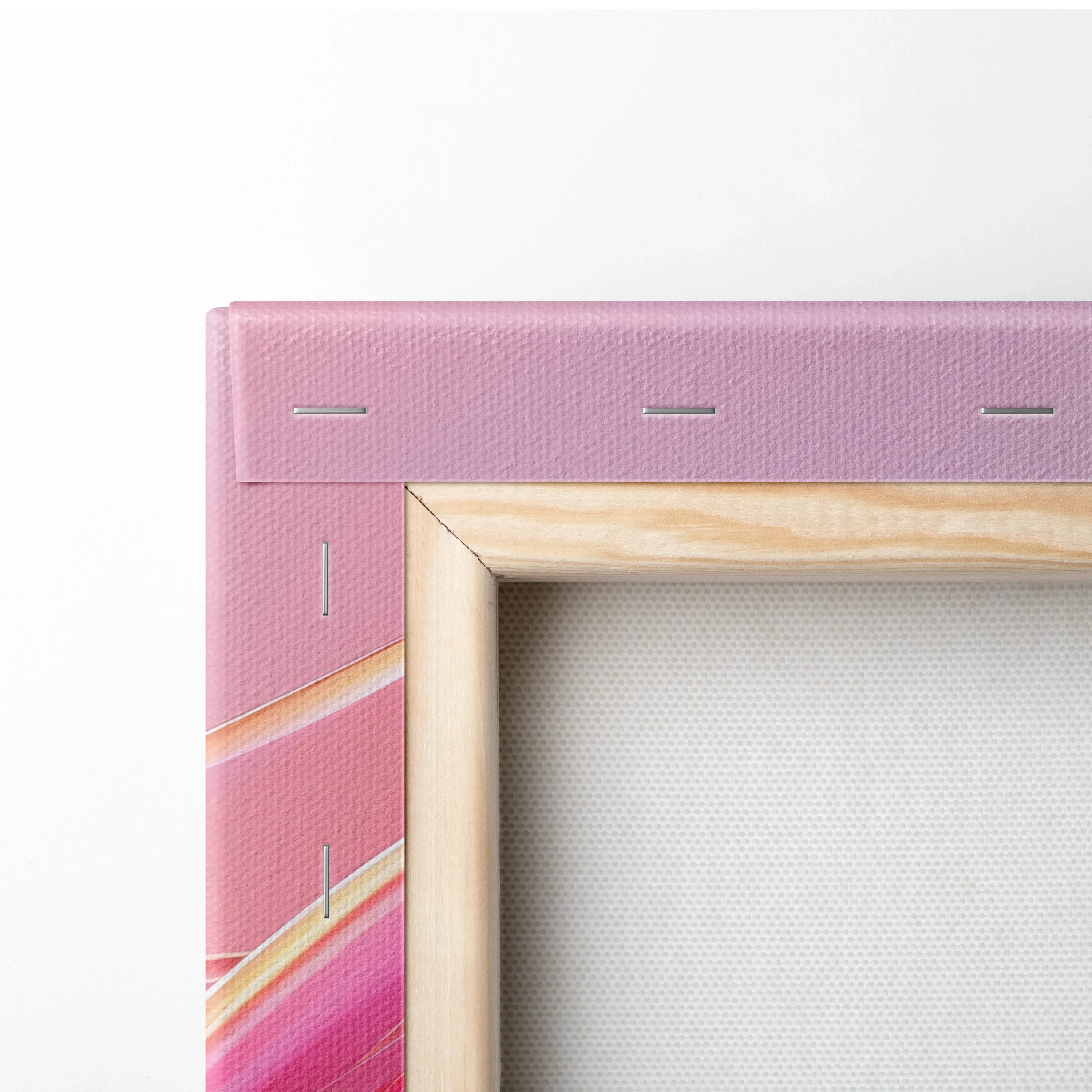 Pink and orange abstract design on stretched canvas with wooden frame for wall art decor.