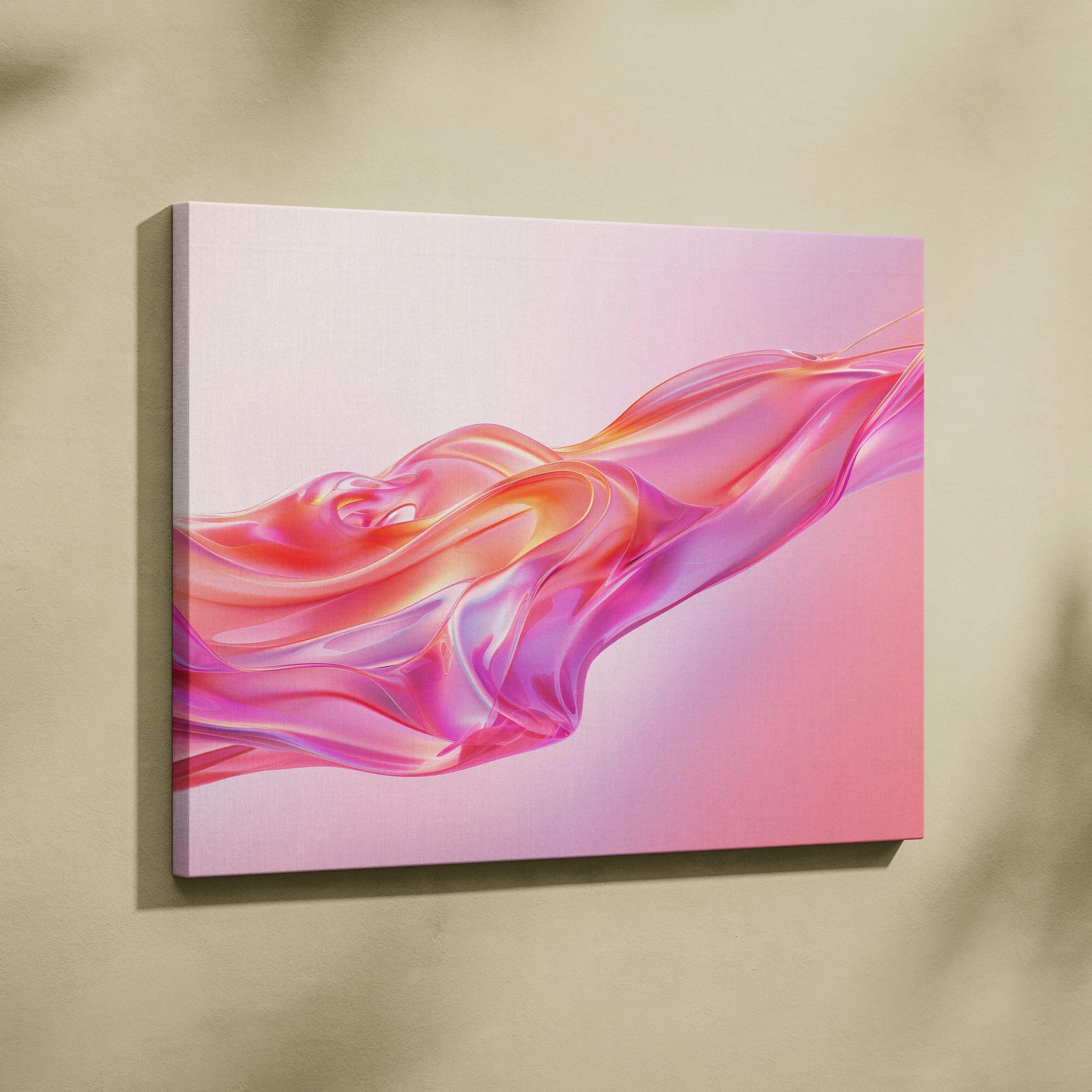 Abstract flowing ribbon pink and peach tones canvas wall art with vibrant translucent ribbons for modern living room decor