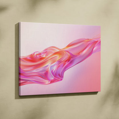Abstract digital art canvas wall art with flowing pink and orange translucent waves on soft gradient background.