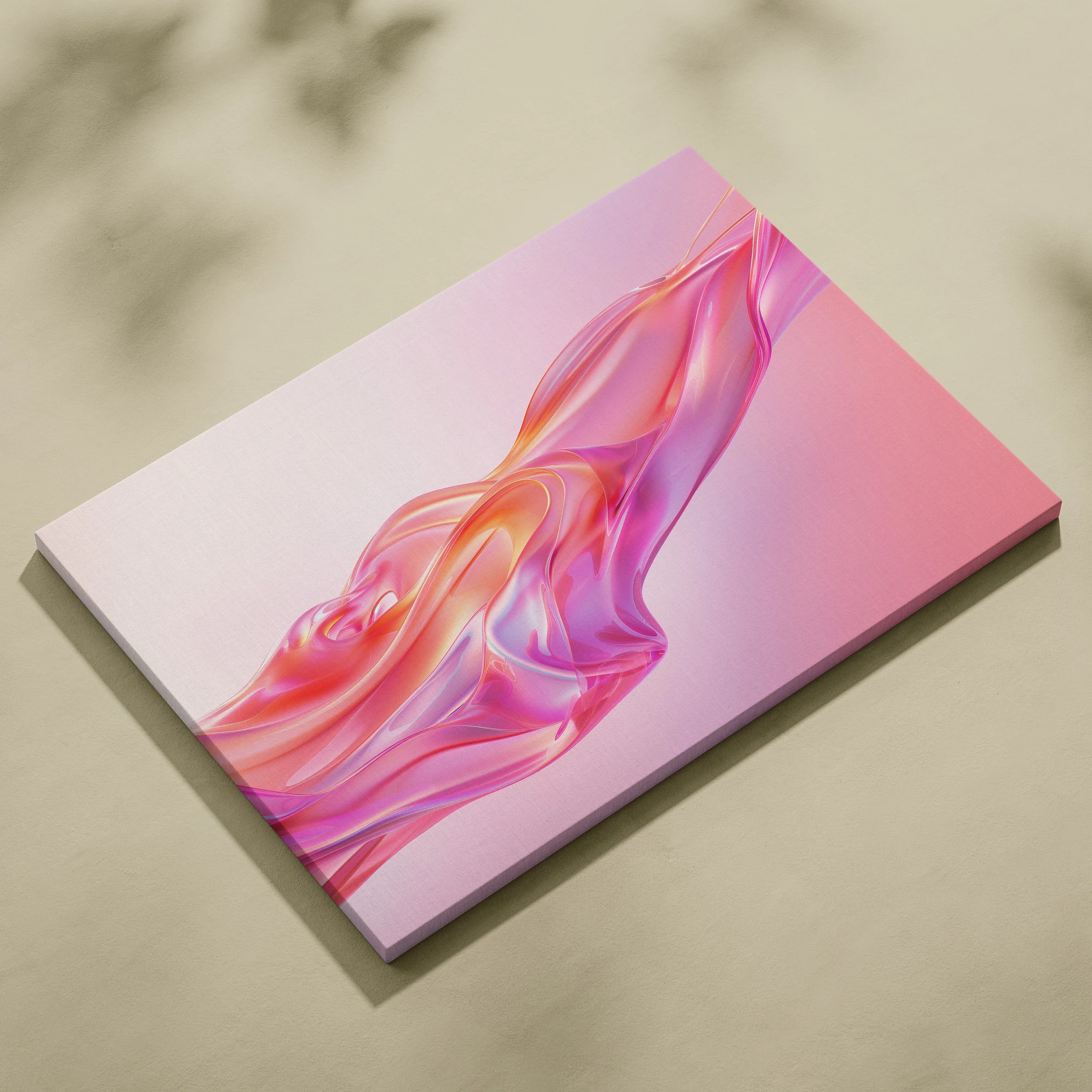Canvas wall art featuring flowing abstract digital shapes in shades of pink and orange on a soft gradient background.