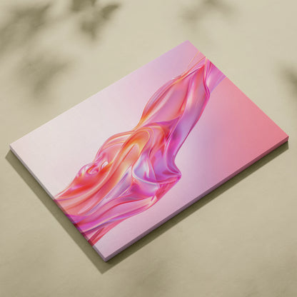 Canvas wall art featuring flowing abstract digital shapes in shades of pink and orange on a soft gradient background.
