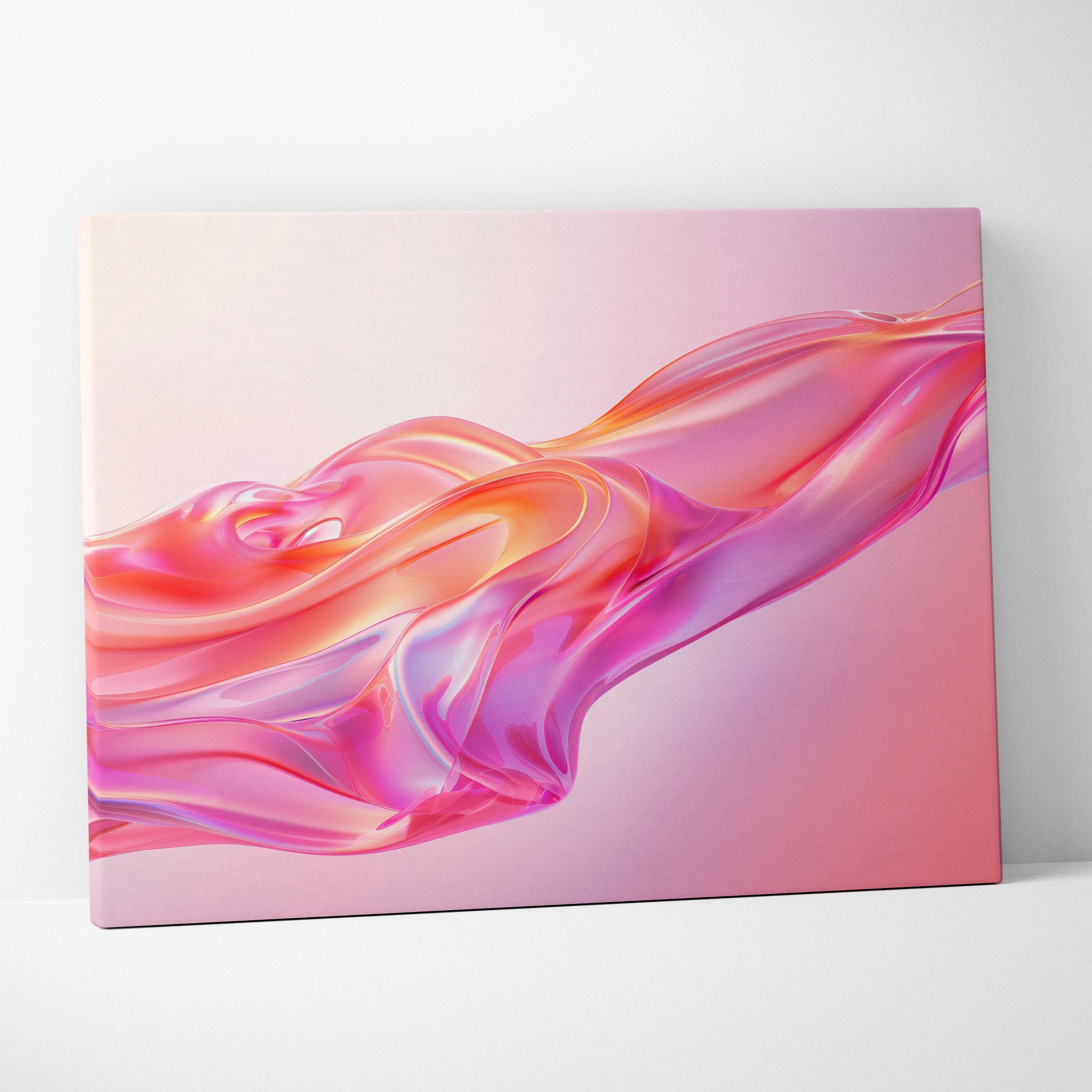 Abstract digital art canvas with flowing pink and orange silk-like design on soft pink background wall art.