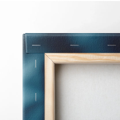Close-up of corner wooden frame with stretched blue abstract canvas art on white wall background.