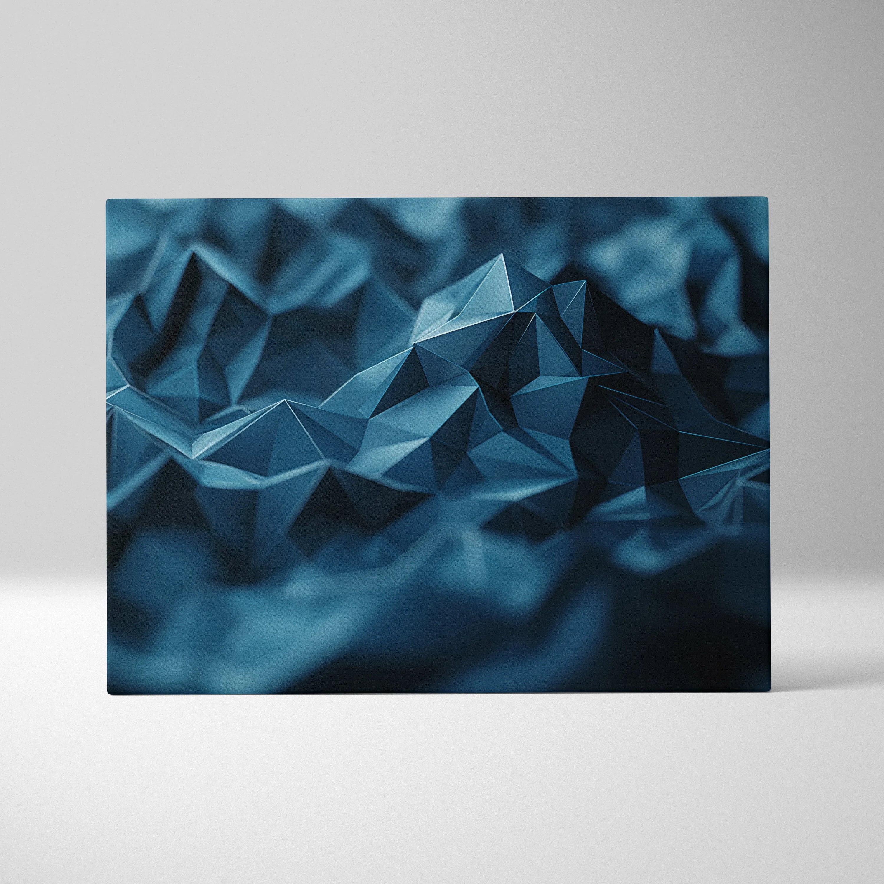 Blue geometric abstract digital art with sharp polygonal shapes on canvas wall art.