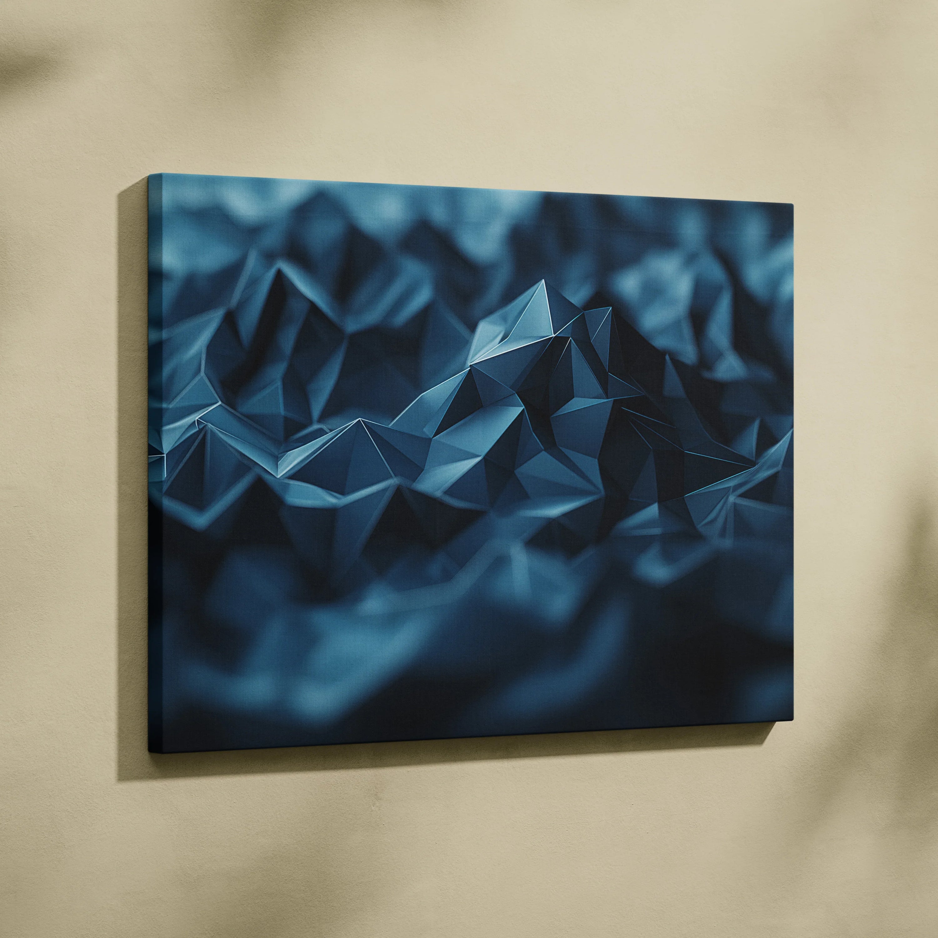 Abstract modern digital art canvas featuring geometric blue polygon shapes, wall art with textured 3D effect.