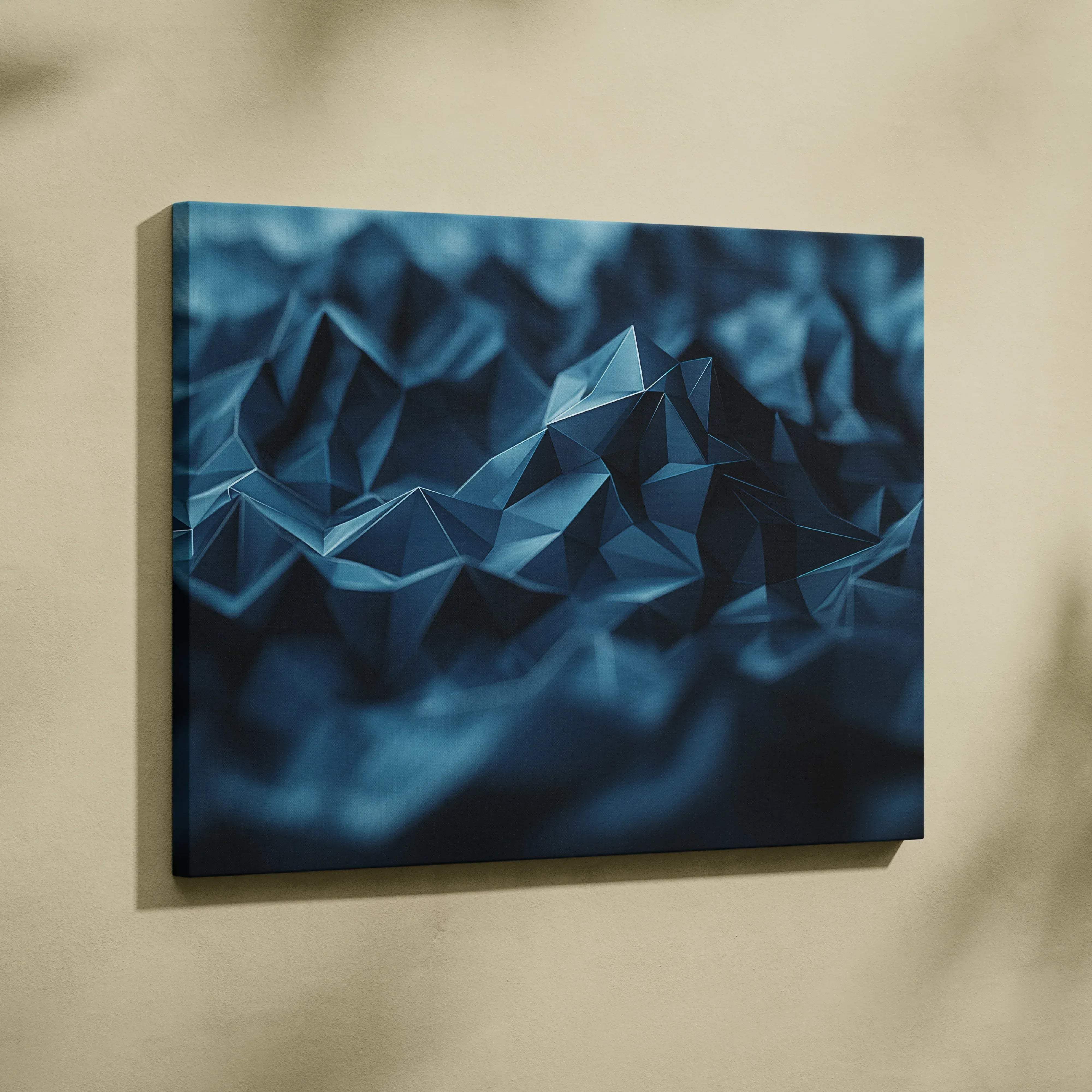Modern abstract geometric mountain peaks canvas wall art in deep indigo blue with faceted design for modern interiors