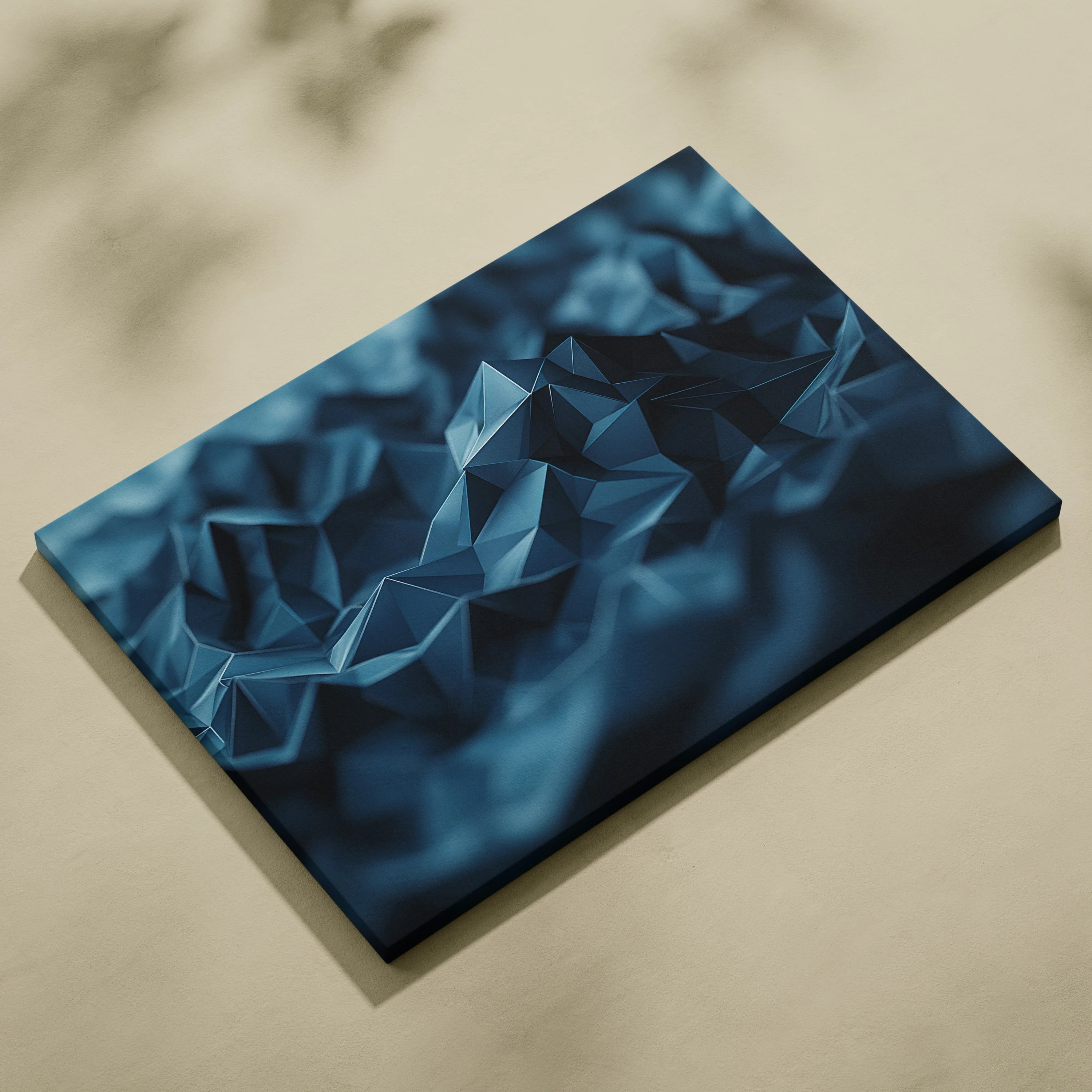 Abstract digital art canvas print featuring deep blue geometric polygon shapes with a modern, faceted design.