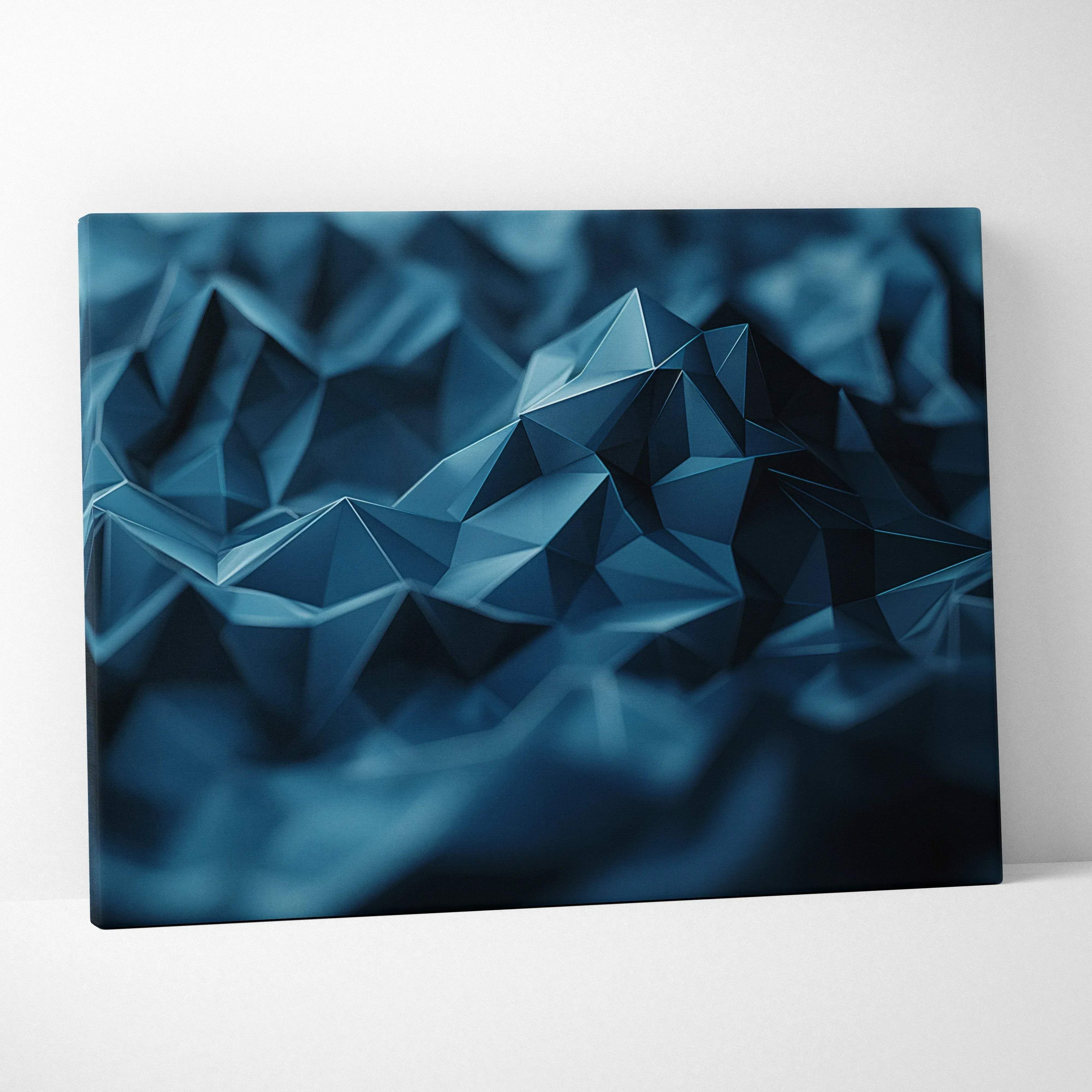 Modern abstract geometric mountain peaks canvas wall art in deep indigo blue with faceted mountain design for interiors