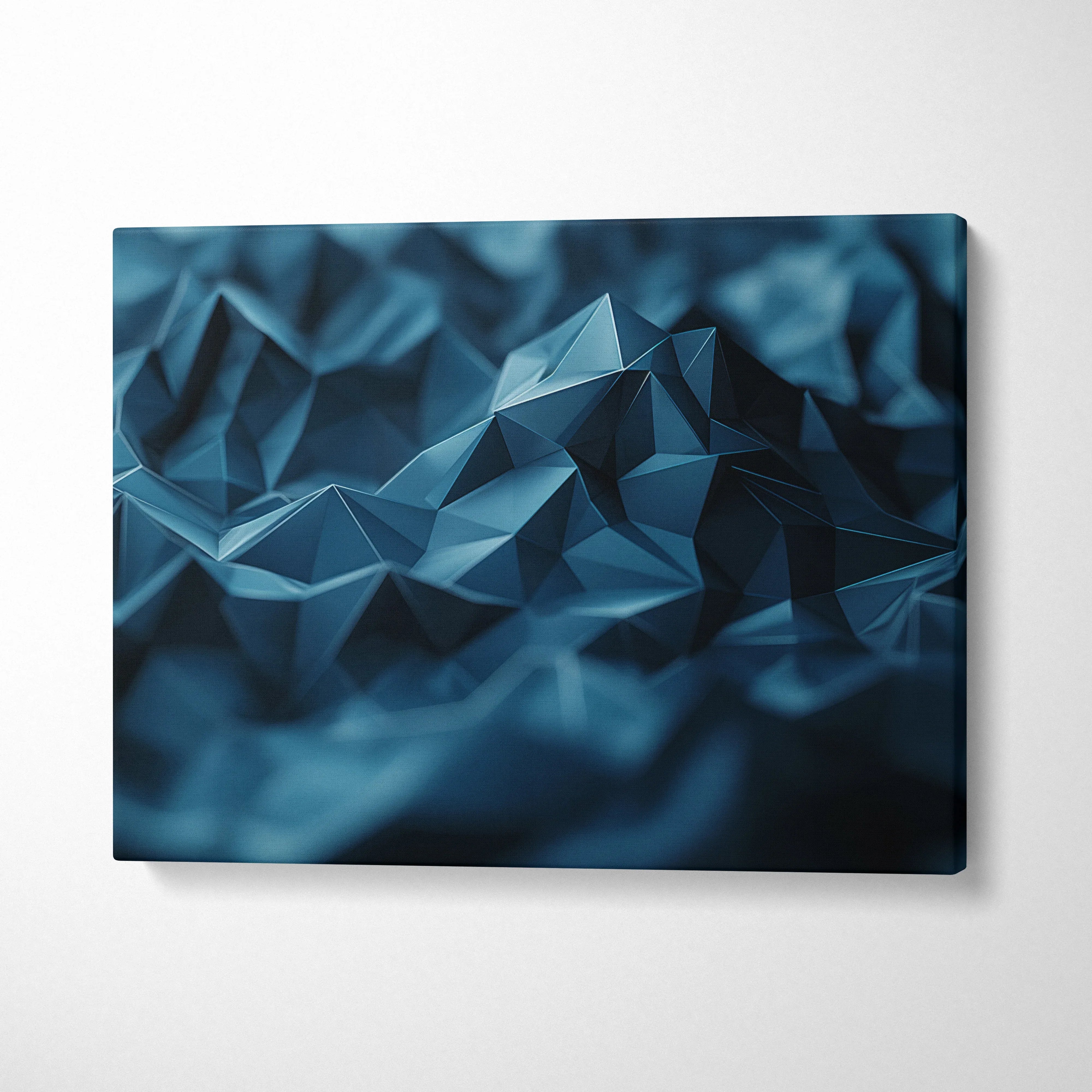 Abstract blue geometric digital art on canvas wall art with faceted polygon design.