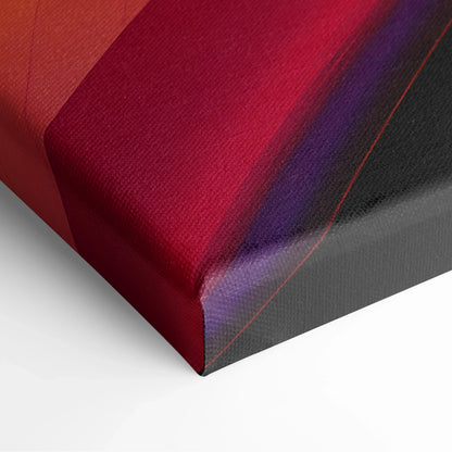 Close-up of vibrant abstract digital art on textured canvas with red, purple, and black geometric shapes.