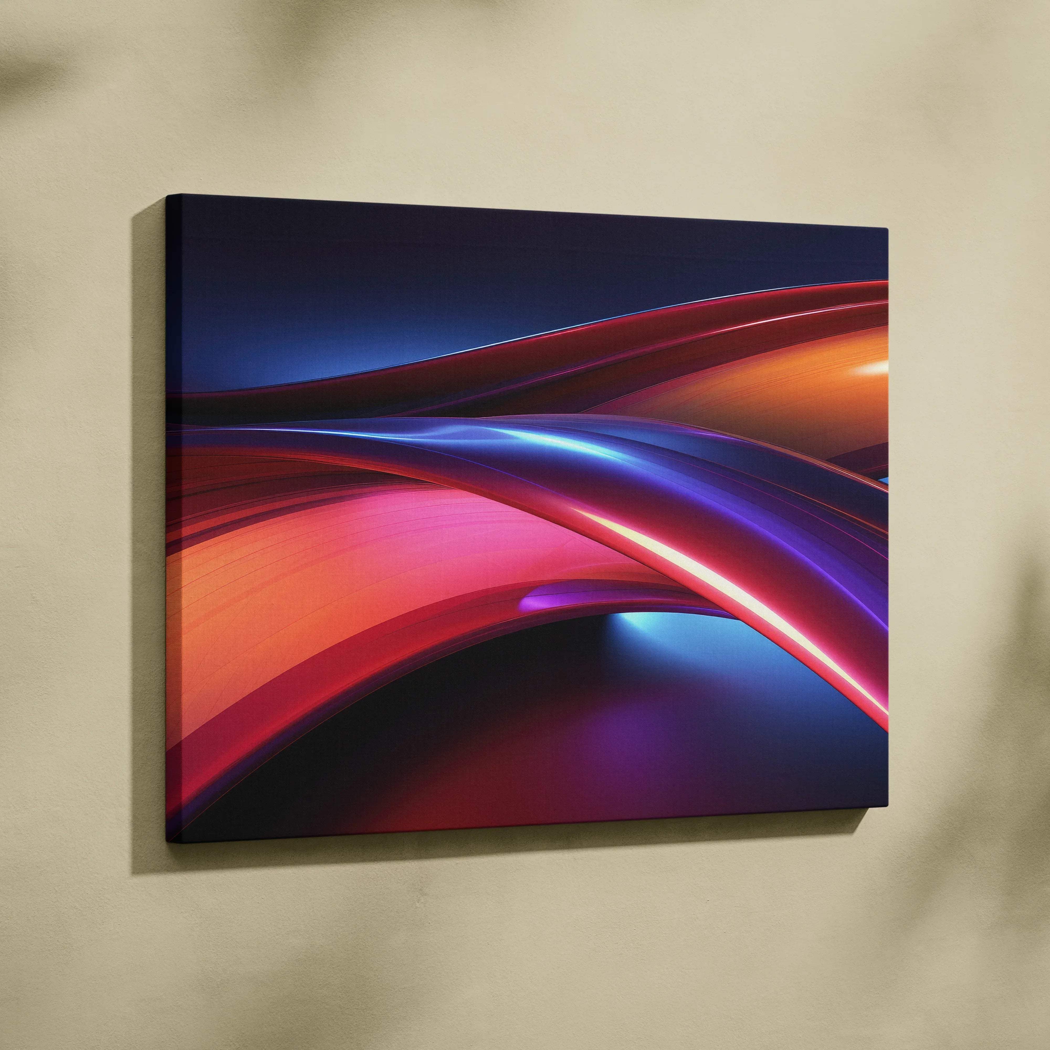 Vibrant abstract canvas wall art with flowing curves in red orange blue and purple for modern living room decor