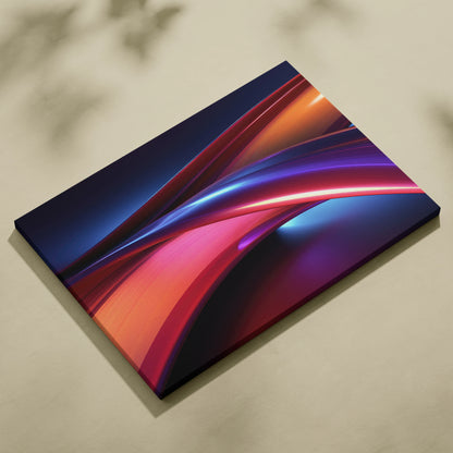 Vibrant abstract digital canvas art with bold red, blue, and purple curved patterns.