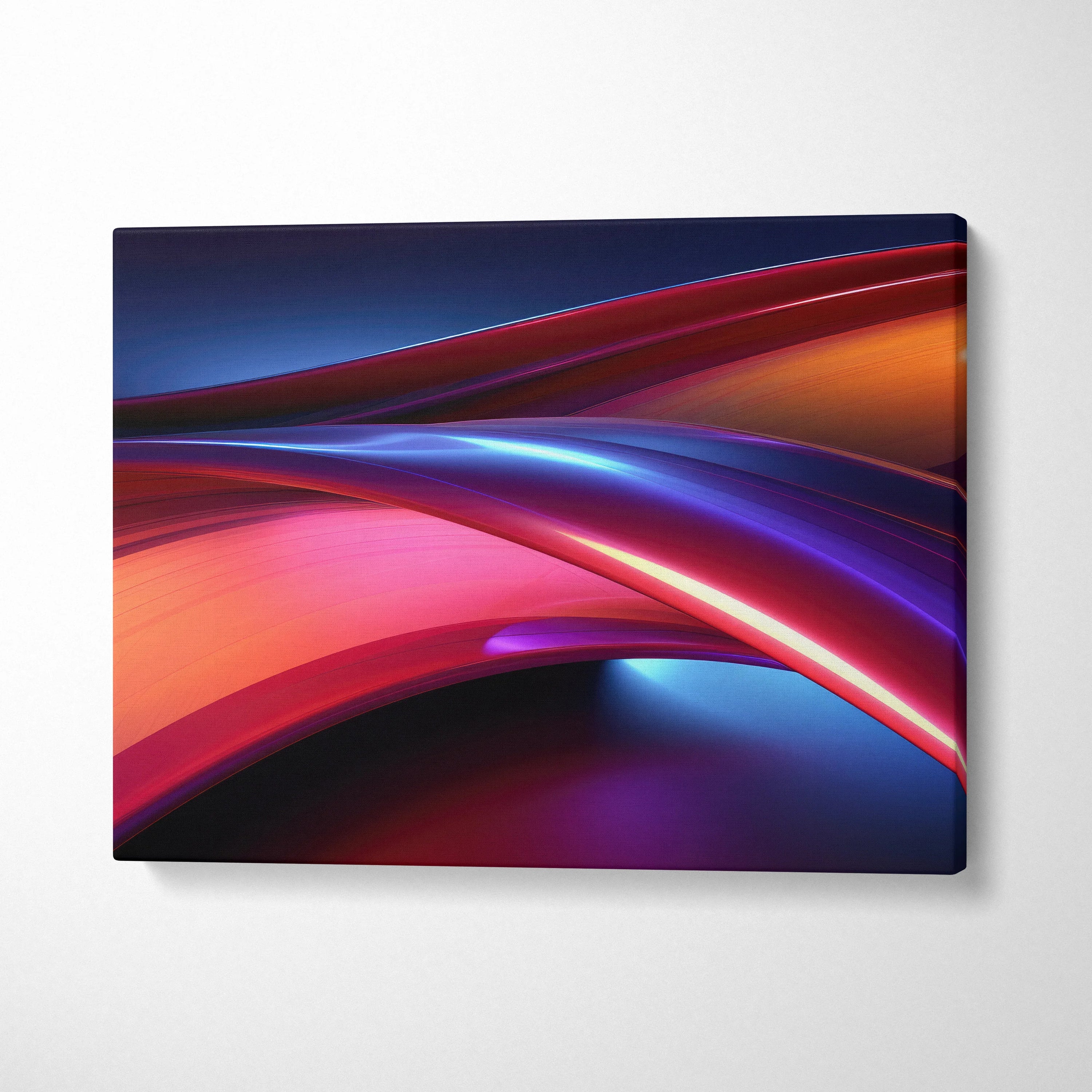 Abstract digital art canvas wall art with vibrant blue, red, and orange flowing patterns.