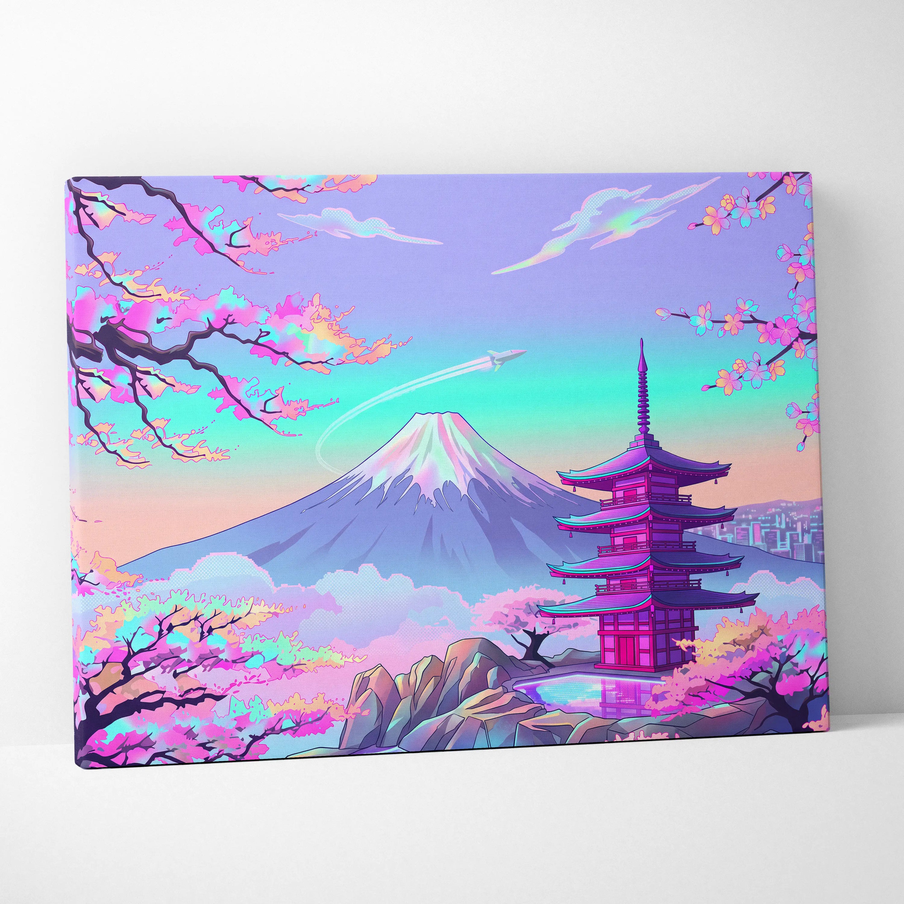 Vaporwave Mount Fuji Neon Canvas - Mount Fuji Pastel Neon Living Room Vaporwave Dreamy Mood Sakura Aesthetic Canvas