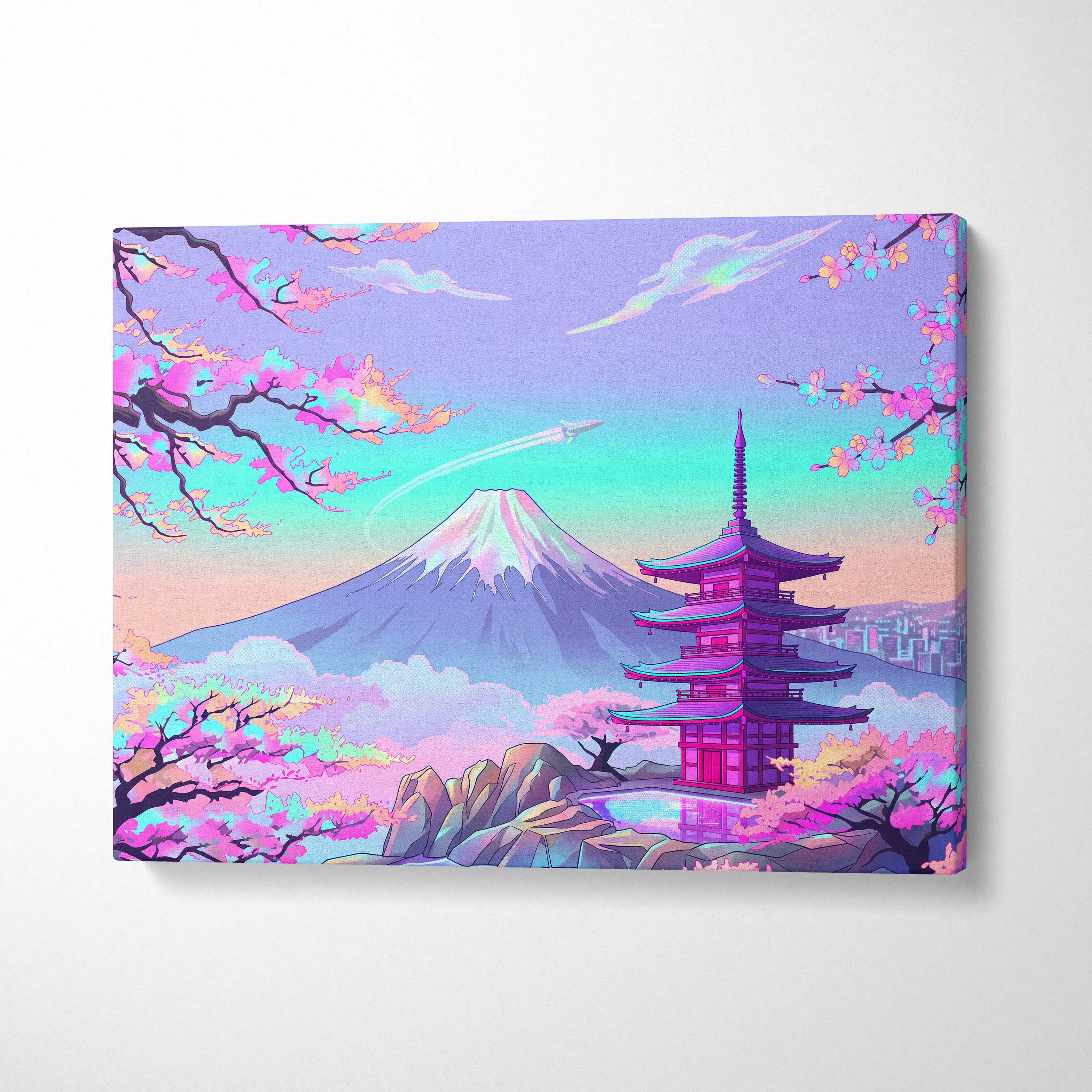 Vaporwave Mount Fuji Neon Canvas - Mount Fuji Pastel Neon Living Room Vaporwave Dreamy Mood Sakura Aesthetic Canvas