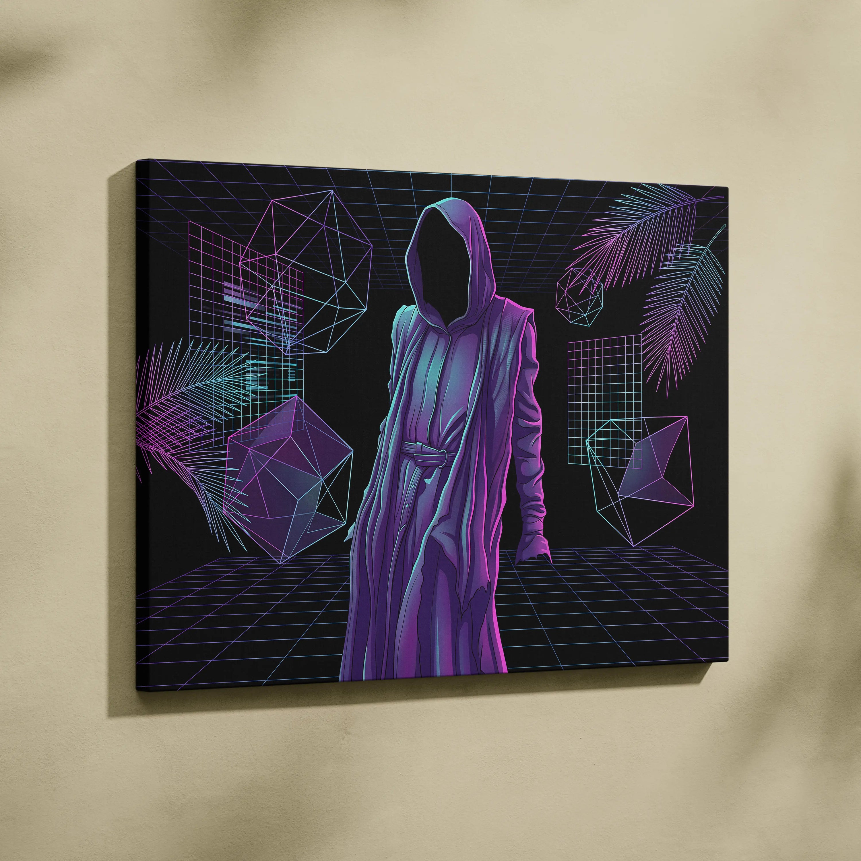 Vaporwave Hooded Neon Portrait - Hooded Figure Purple Pink Teal Room Decor Vaporwave Dreamy Neon Mood Canvas
