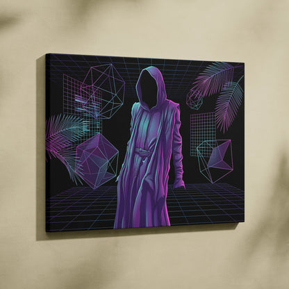 Vaporwave Hooded Neon Portrait - Hooded Figure Purple Pink Teal Room Decor Vaporwave Dreamy Neon Mood Canvas