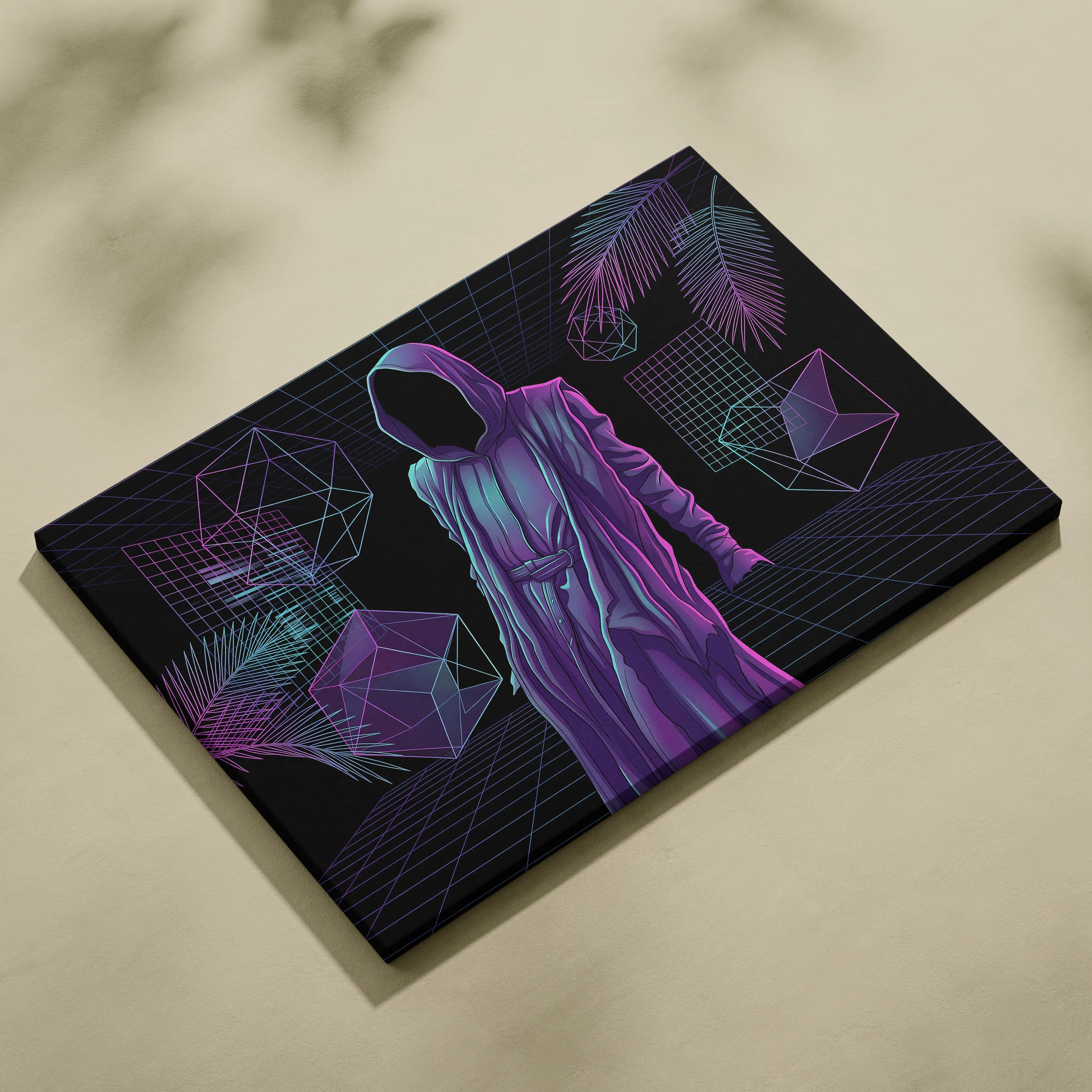 Vaporwave Hooded Neon Portrait - Hooded Figure Purple Pink Teal Room Decor Vaporwave Dreamy Neon Mood Canvas