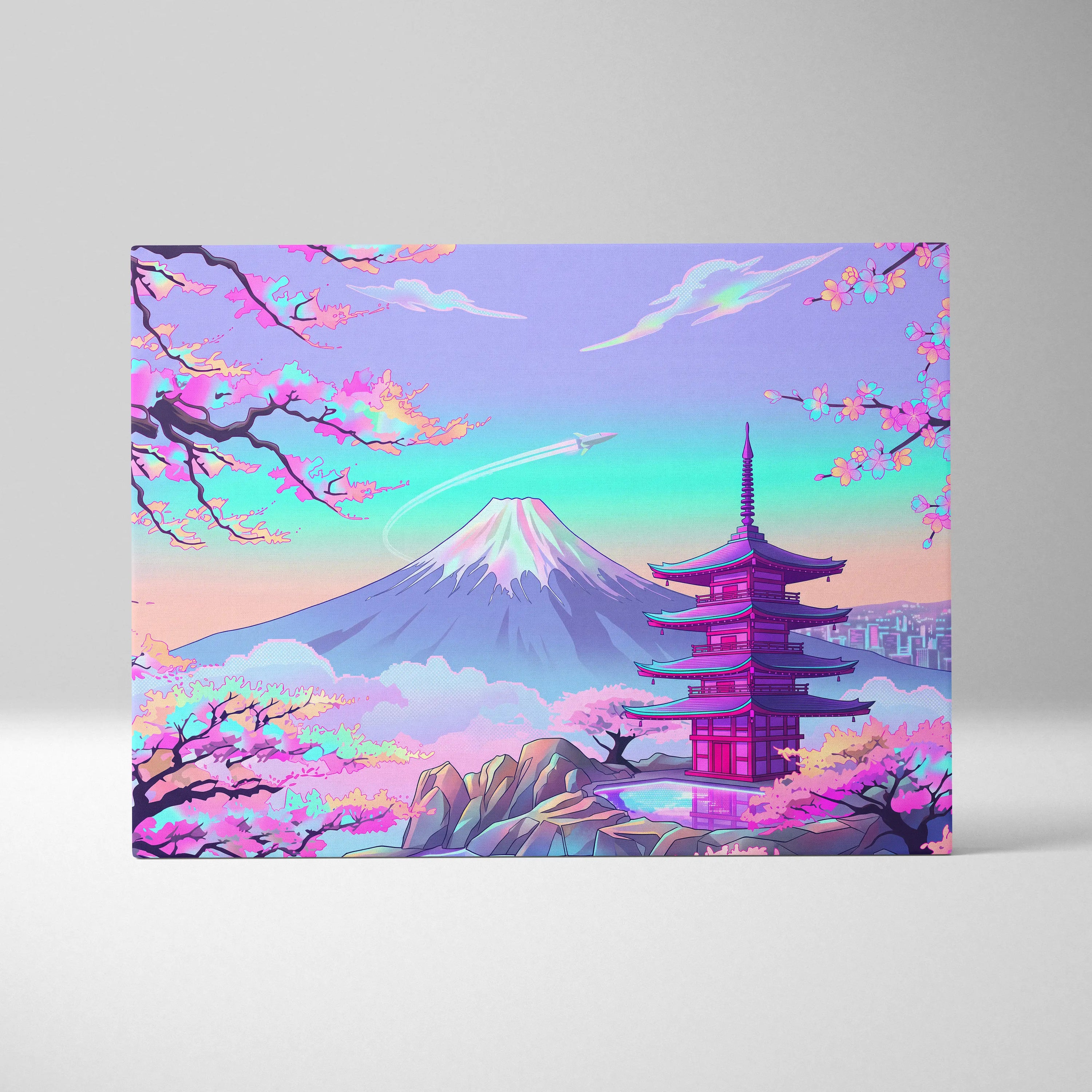 Vaporwave Mount Fuji Neon Canvas - Mount Fuji Pastel Neon Living Room Vaporwave Dreamy Mood Sakura Aesthetic Canvas