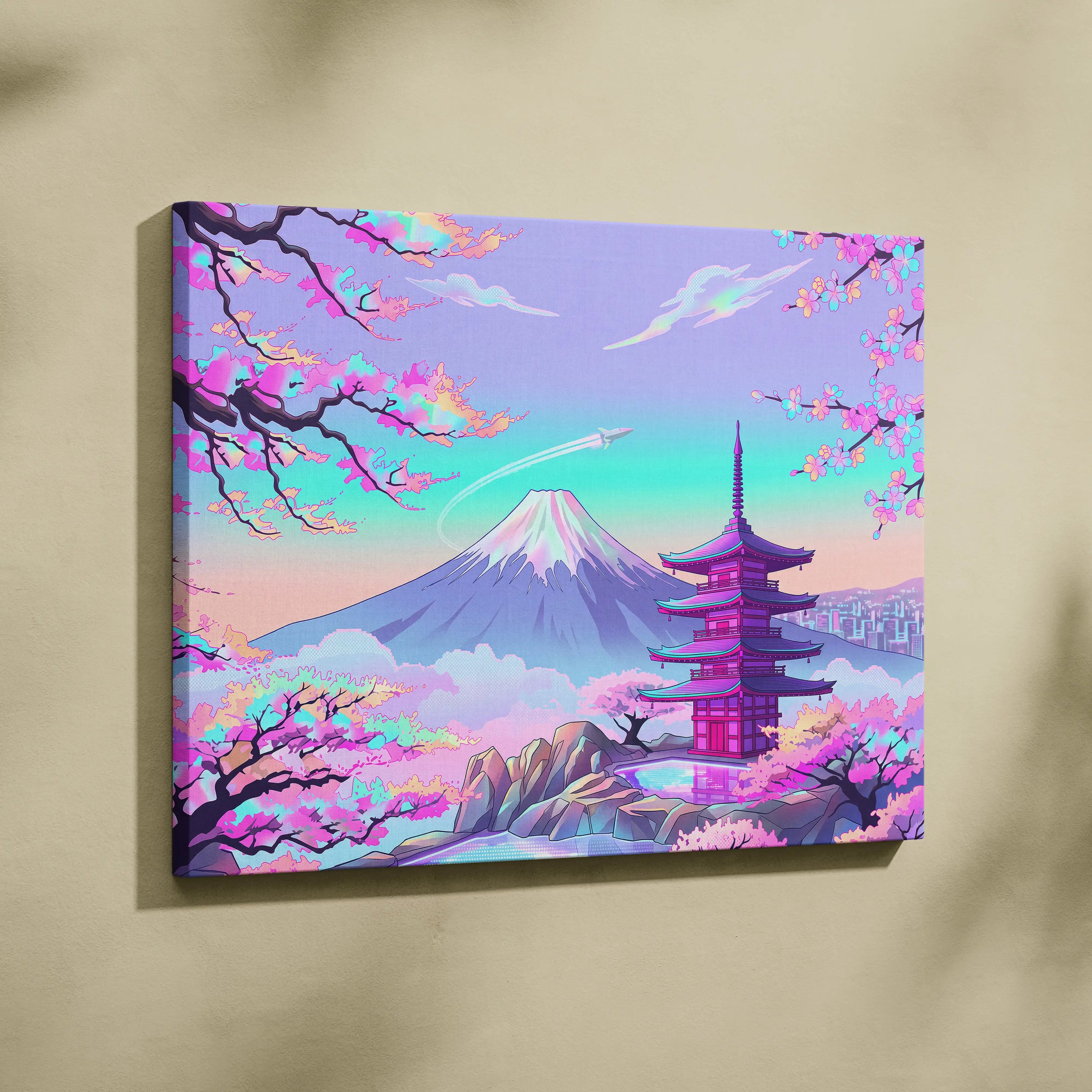 Vaporwave Mount Fuji Neon Canvas - Mount Fuji Pastel Neon Living Room Vaporwave Dreamy Mood Sakura Aesthetic Canvas