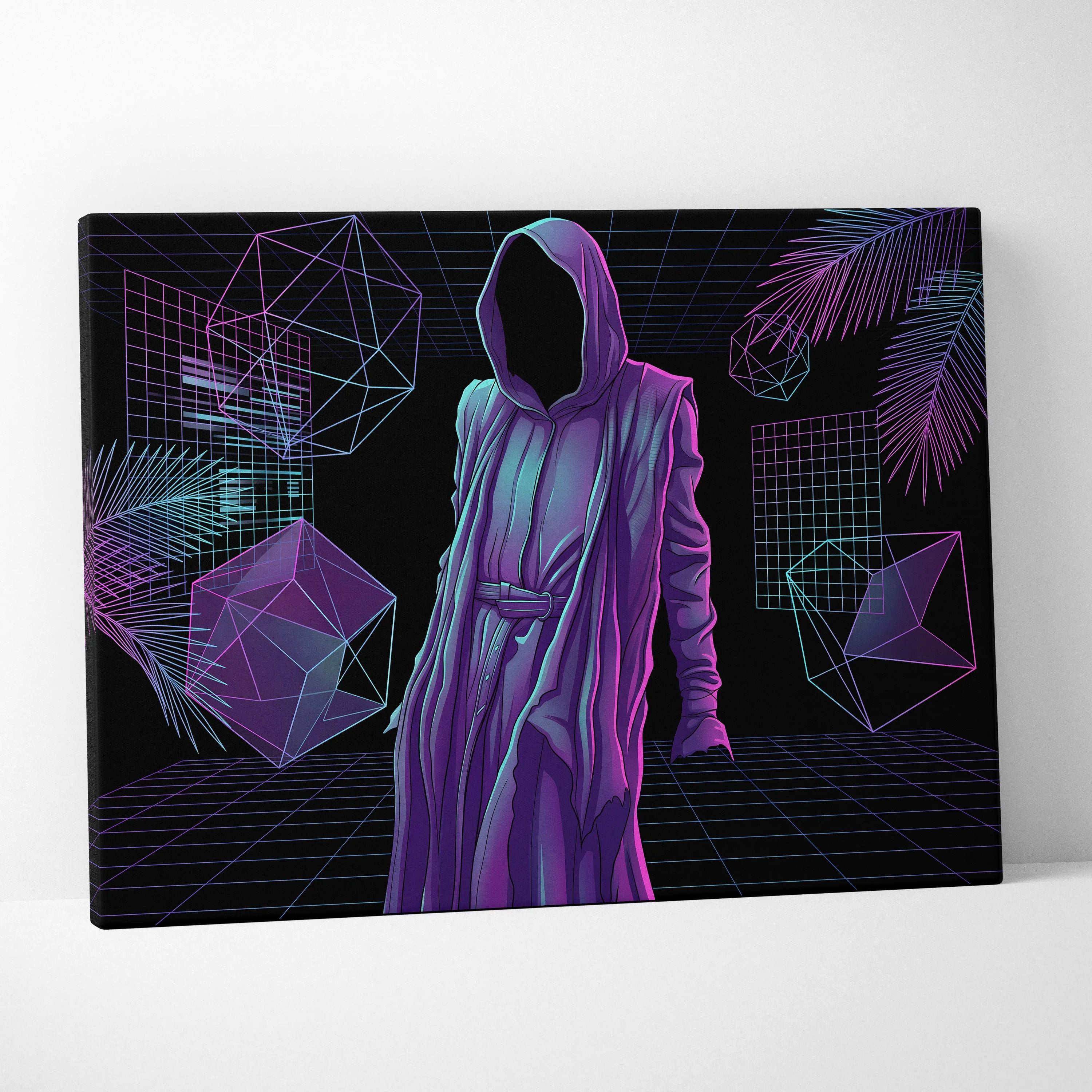Vaporwave Hooded Neon Portrait - Hooded Figure Purple Pink Teal Room Decor Vaporwave Dreamy Neon Mood Canvas