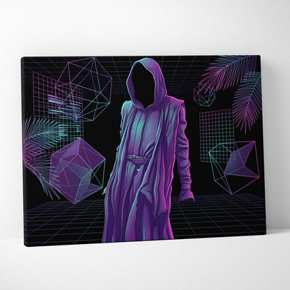 Vaporwave Hooded Neon Portrait - Hooded Figure Purple Pink Teal Room Decor Vaporwave Dreamy Neon Mood Canvas