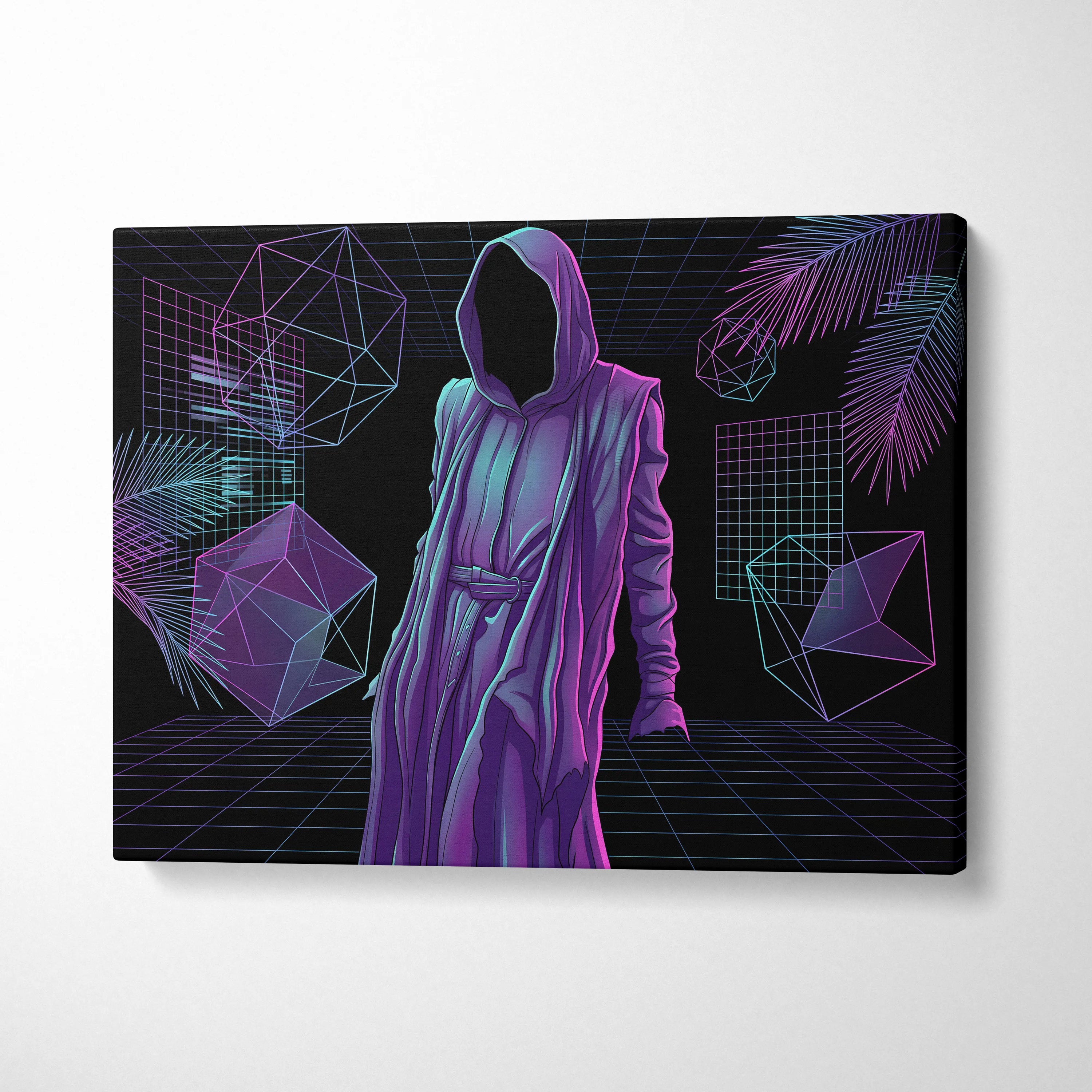 Vaporwave Hooded Neon Portrait - Hooded Figure Purple Pink Teal Room Decor Vaporwave Dreamy Neon Mood Canvas