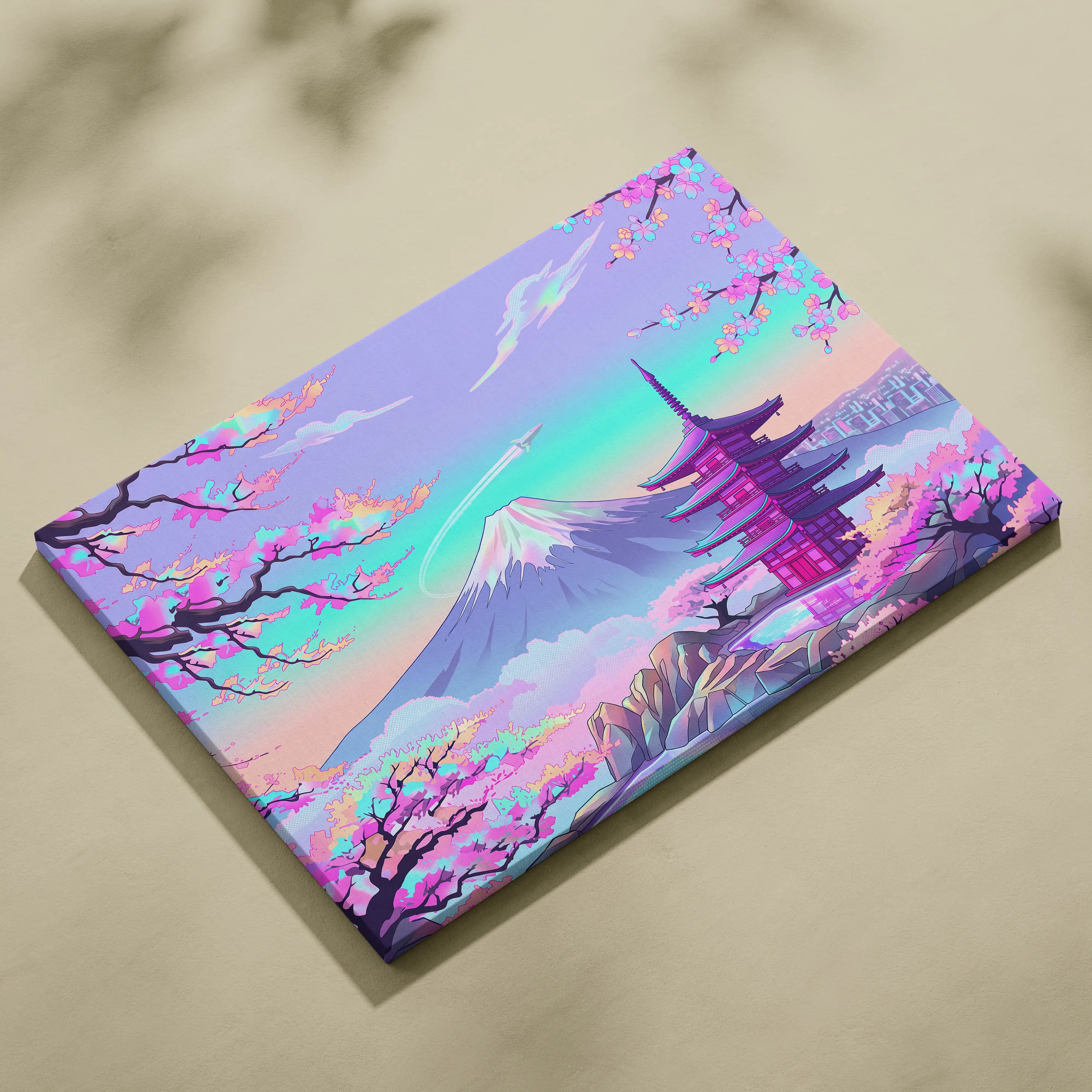 Vaporwave Mount Fuji Neon Canvas - Mount Fuji Pastel Neon Living Room Vaporwave Dreamy Mood Sakura Aesthetic Canvas