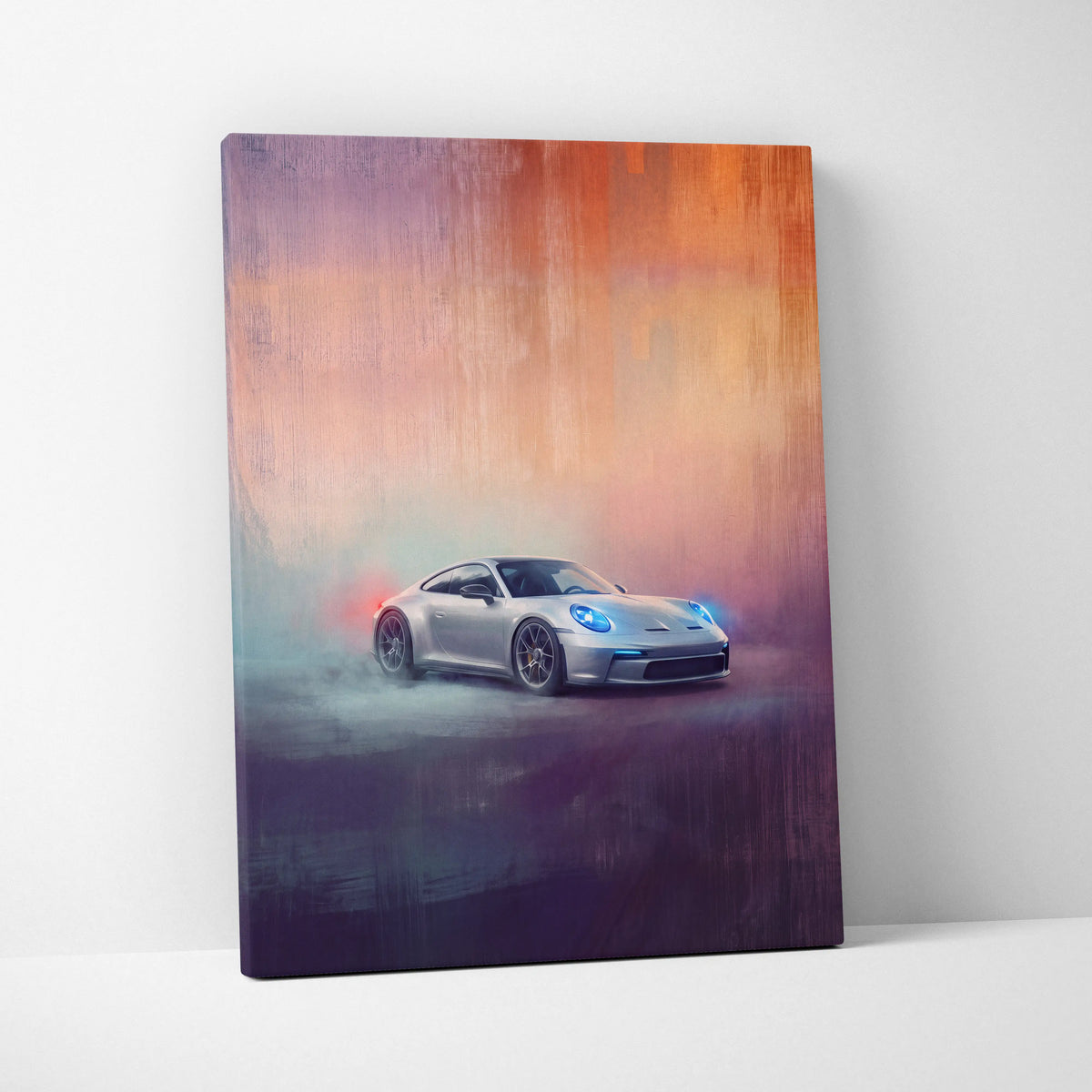 Silver porsche 911 gt3 inspired sports car wall art canvas with glowing blue headlights and smoky effects