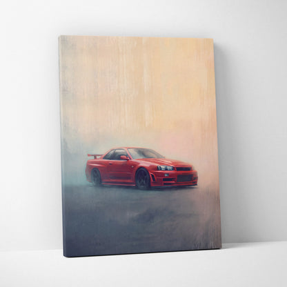 Red Nissan Skyline GT-R R34 sports car misty atmospheric painting on canvas automotive wall art for office decor