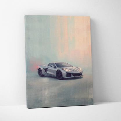 Chevrolet Corvette Inspired Canvas Art, Silver Sports Car Wall Decor
