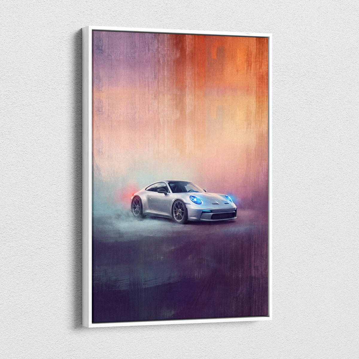 Silver Porsche 911 GT3 inspired canvas wall art with glowing blue headlights and vibrant gradient background