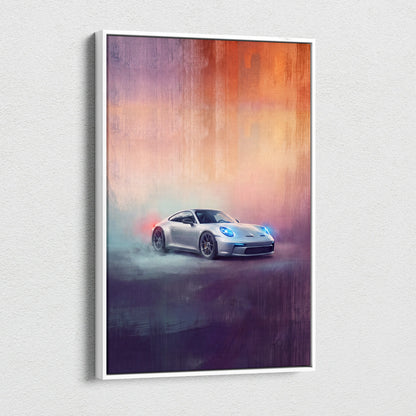 Silver Porsche 911 GT3 inspired canvas wall art with glowing blue headlights and vibrant gradient background