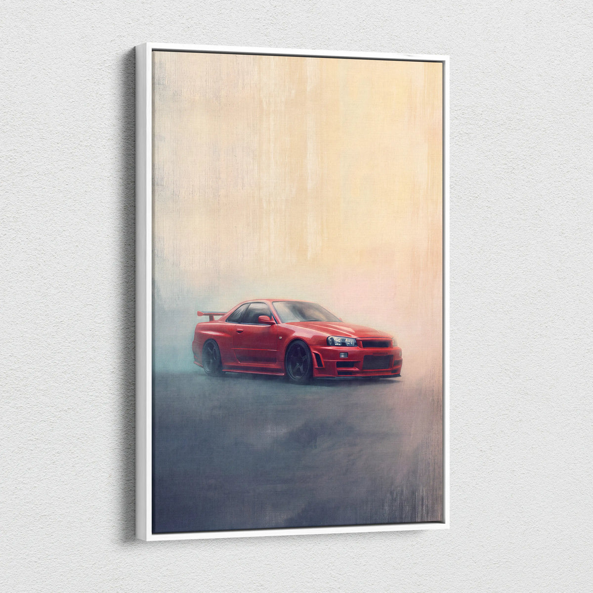 Red nissan skyline gt-r r34 sports car canvas print in white frame misty automotive wall art for office decor