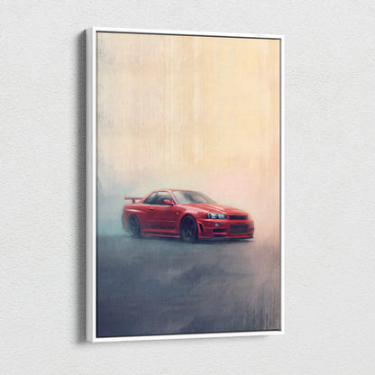 Red nissan skyline gt-r r34 sports car canvas print in white frame misty automotive wall art for office decor
