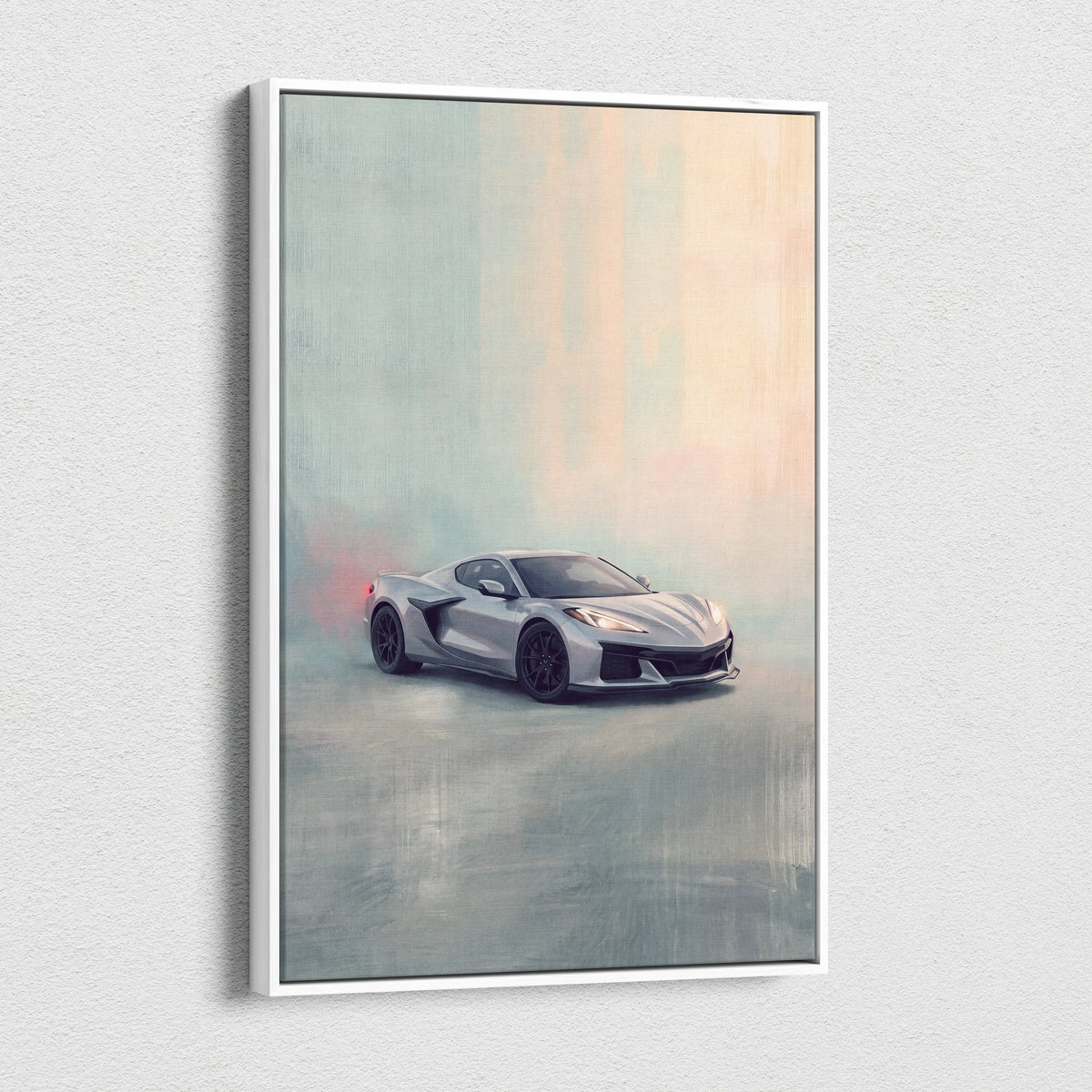 Chevrolet Corvette Inspired Canvas Art, Silver Sports Car Wall Decor