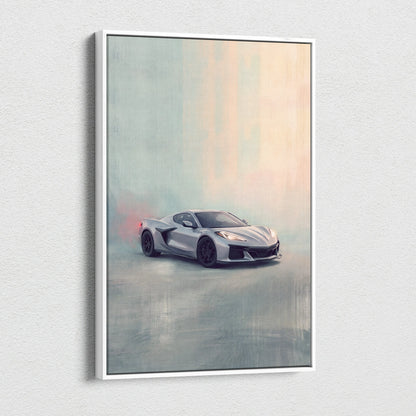 Chevrolet Corvette Inspired Canvas Art, Silver Sports Car Wall Decor
