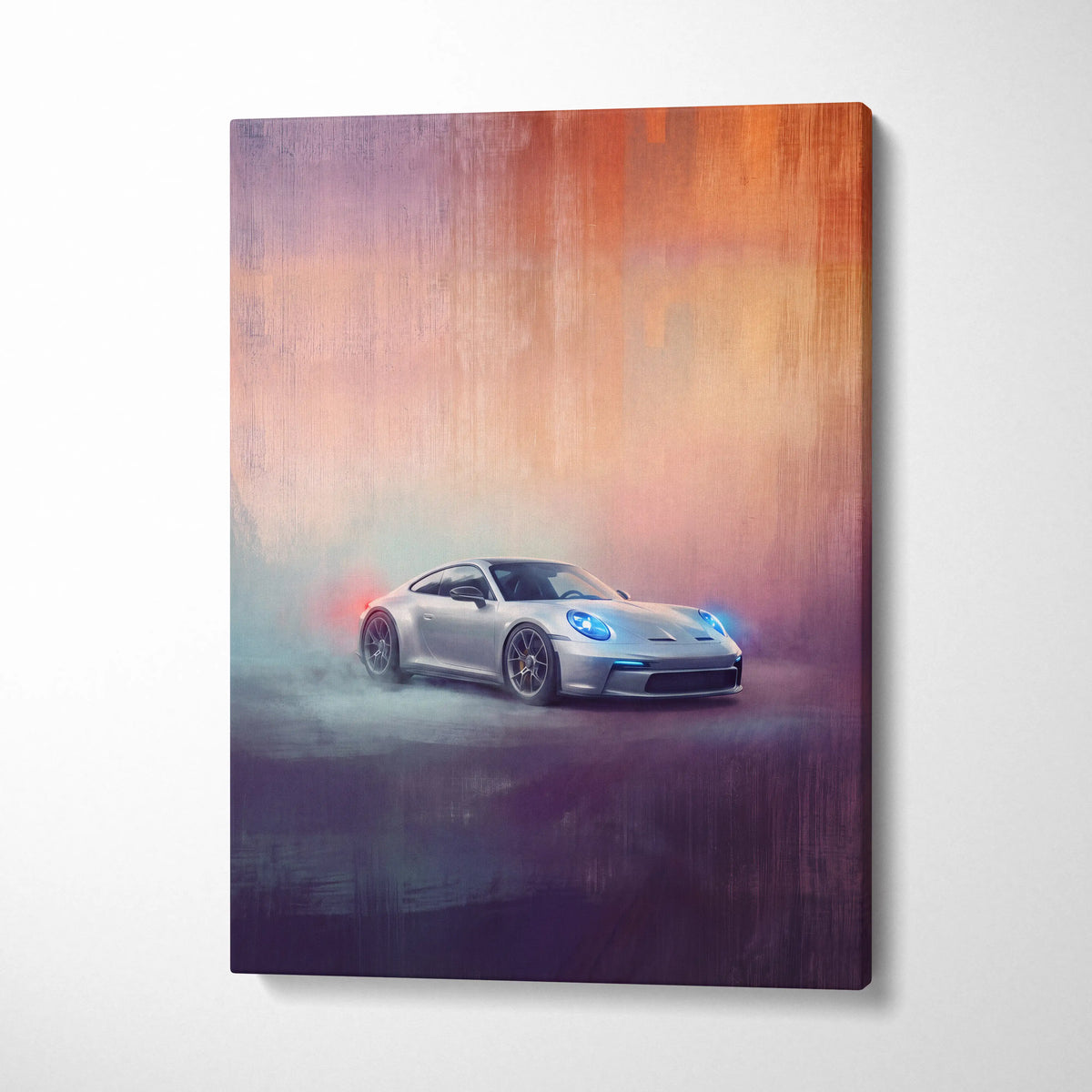 Silver porsche 911 gt3 sports car canvas wall art with glowing blue headlights and smoky atmospheric effects