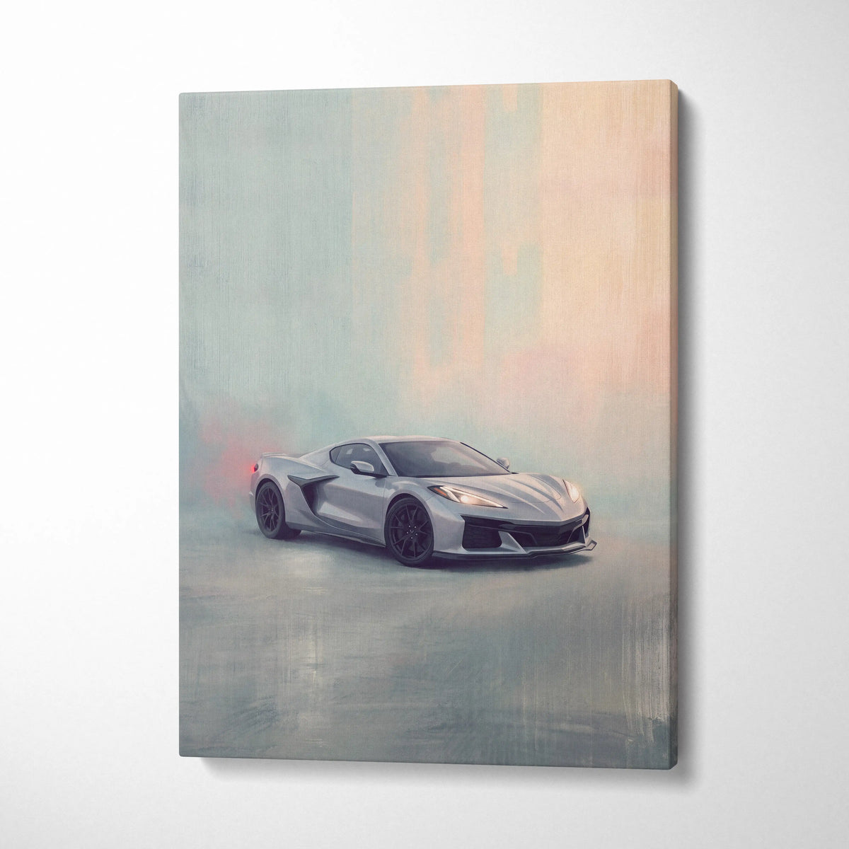 Chevrolet Corvette Inspired Canvas Art, Silver Sports Car Wall Decor