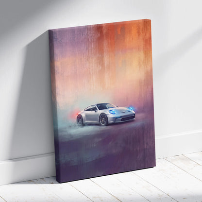 Silver Porsche 911 GT3 inspired sports car canvas wall art with glowing blue headlights and vibrant gradient background