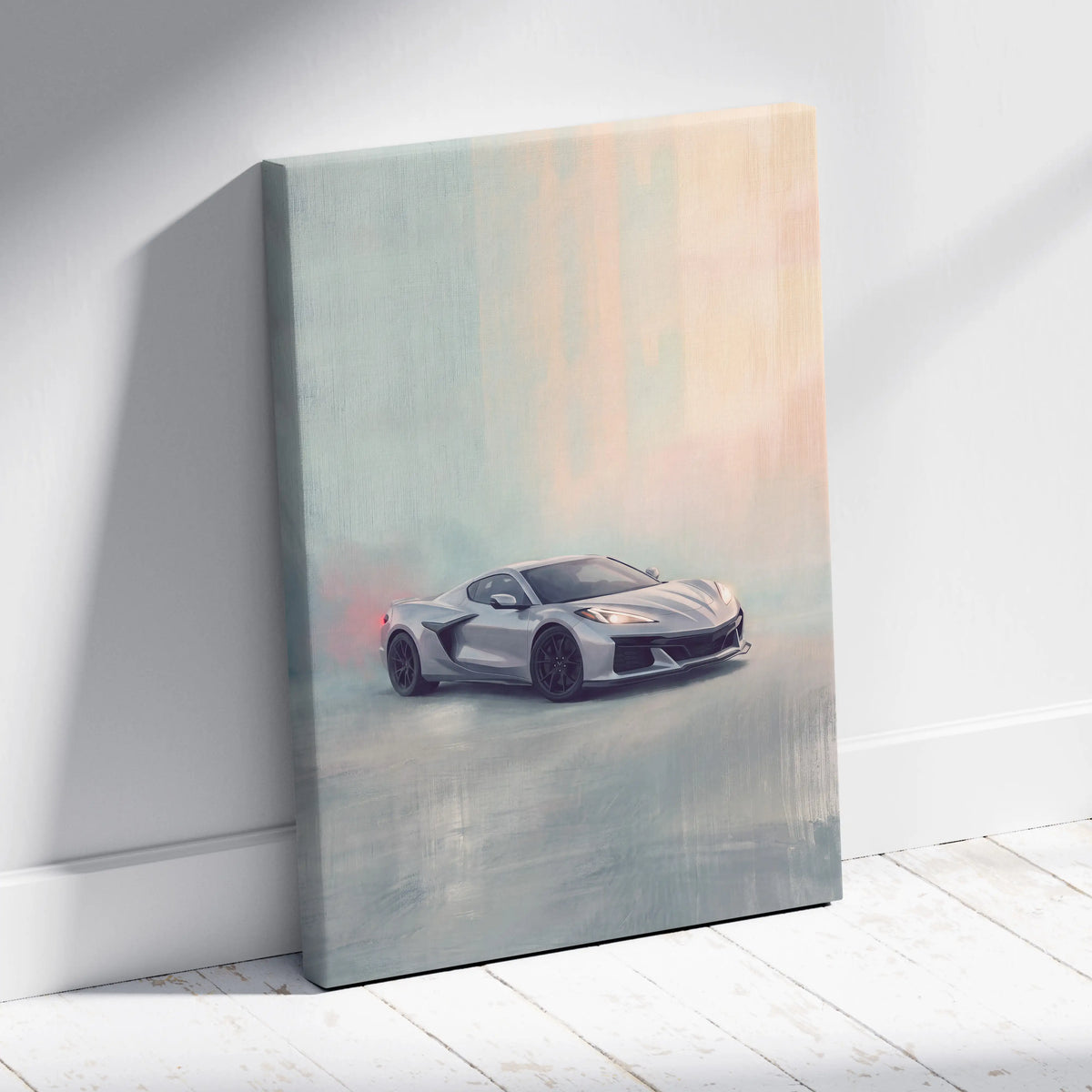 Chevrolet Corvette Inspired Canvas Art, Silver Sports Car Wall Decor