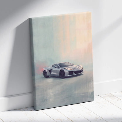 Chevrolet Corvette Inspired Canvas Art, Silver Sports Car Wall Decor
