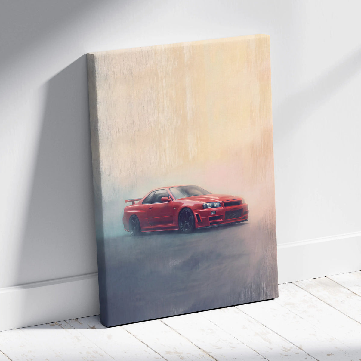 Red nissan skyline gt-r r34 canvas print featuring drifting sports car automotive wall art for office decor