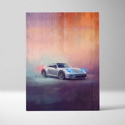 Silver porsche 911 gt3 inspired car wall art canvas painting print with glowing blue headlights and orange pink background