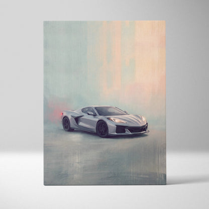 Chevrolet Corvette Inspired Canvas Art, Silver Sports Car Wall Decor