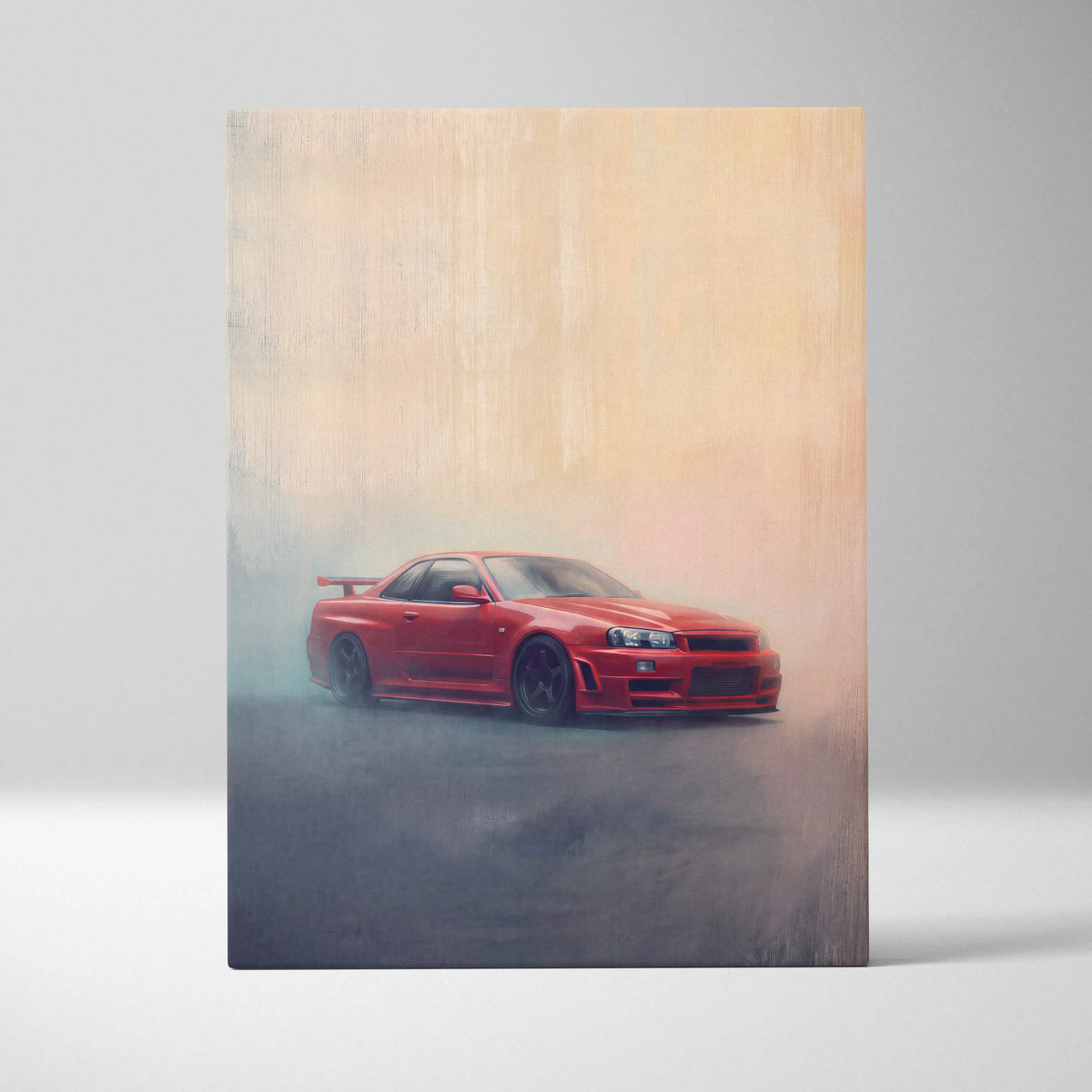 Vibrant red Nissan Skyline GT-R R34 sports car canvas print with smoky background for office decor wall art